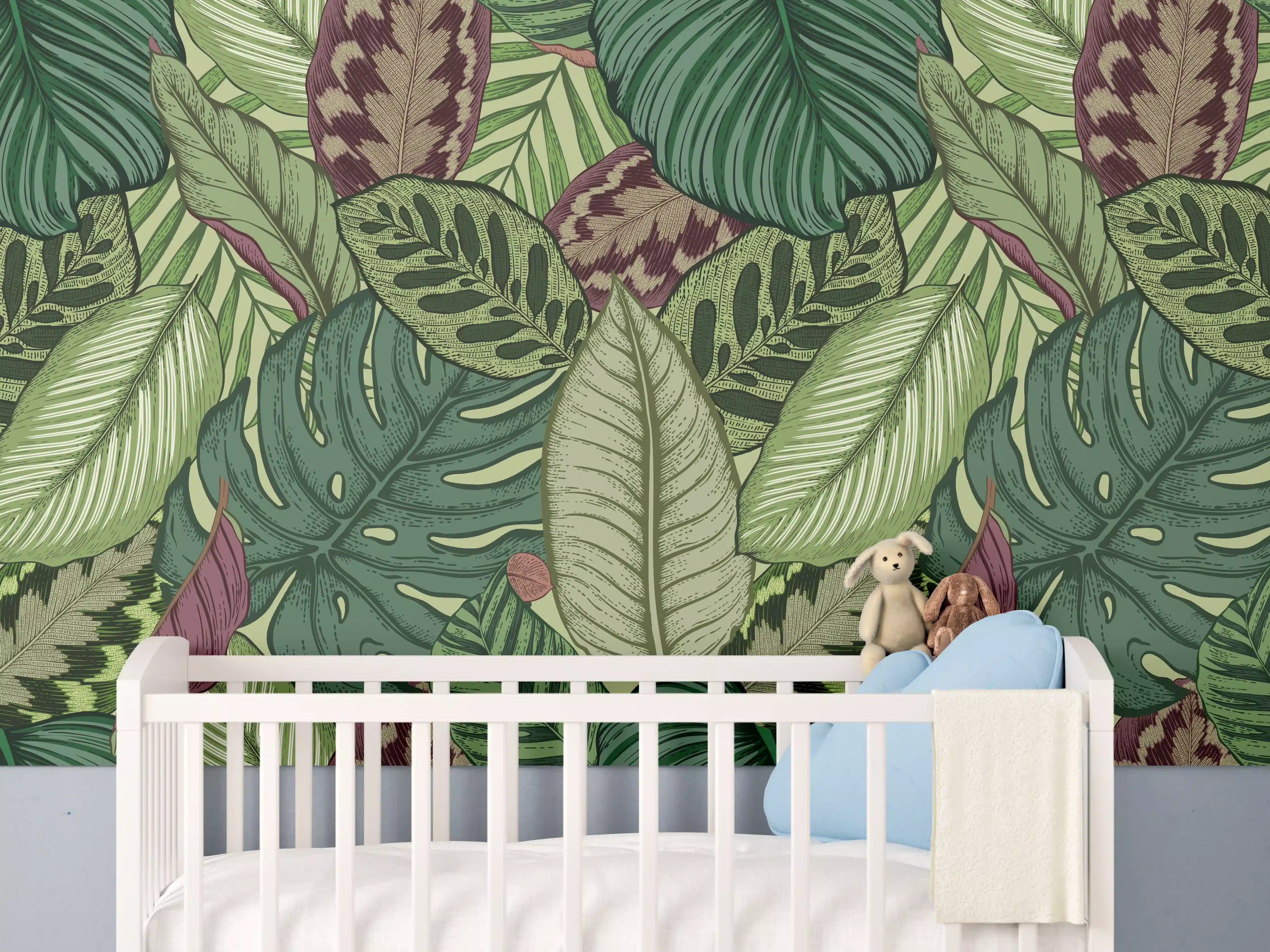 Babyzimmer Wandgestaltung - Tropische Blätter Grün-Beige