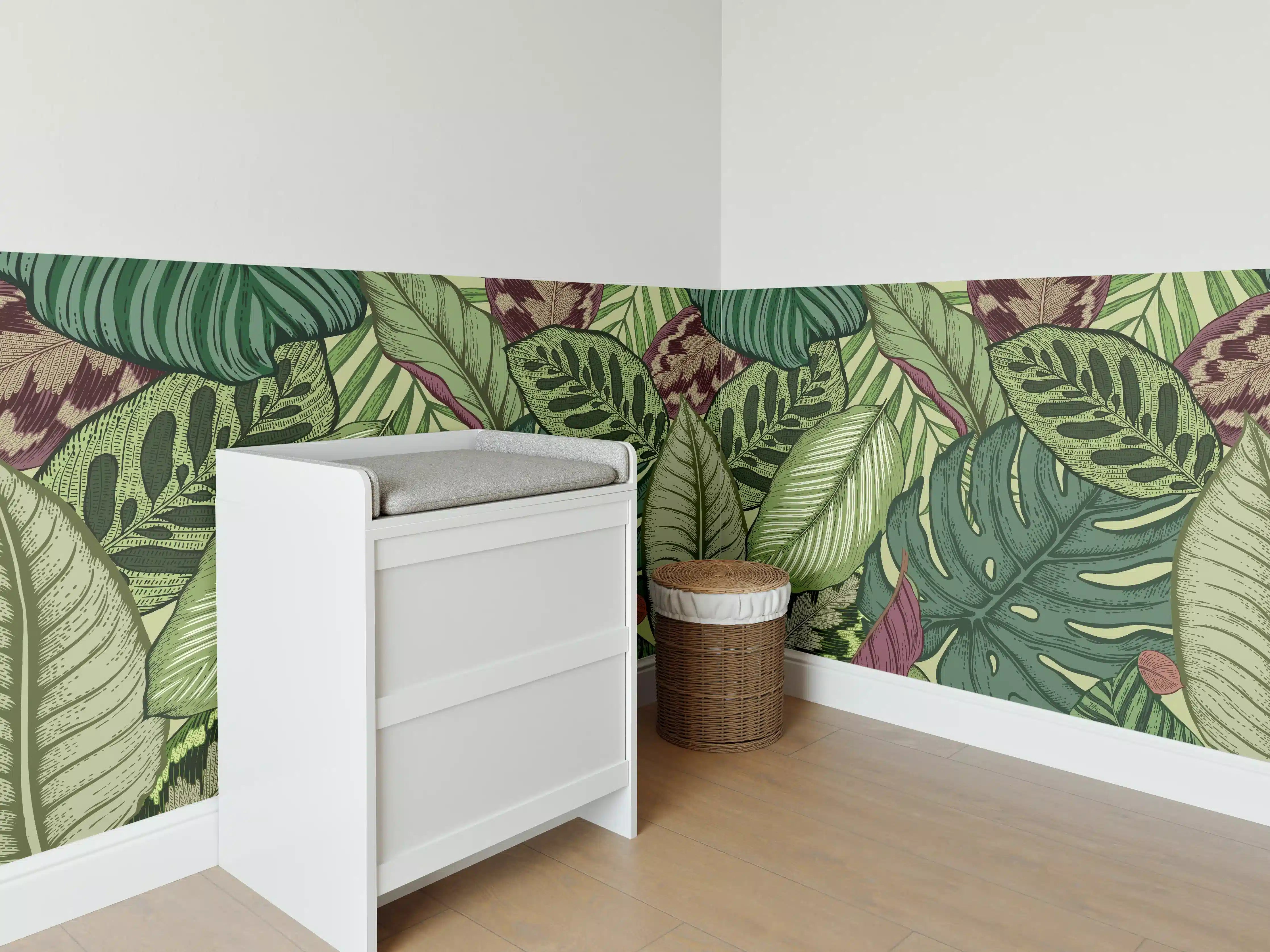 Babyzimmer Wandgestaltung - Tropische Blätter Grün-Beige