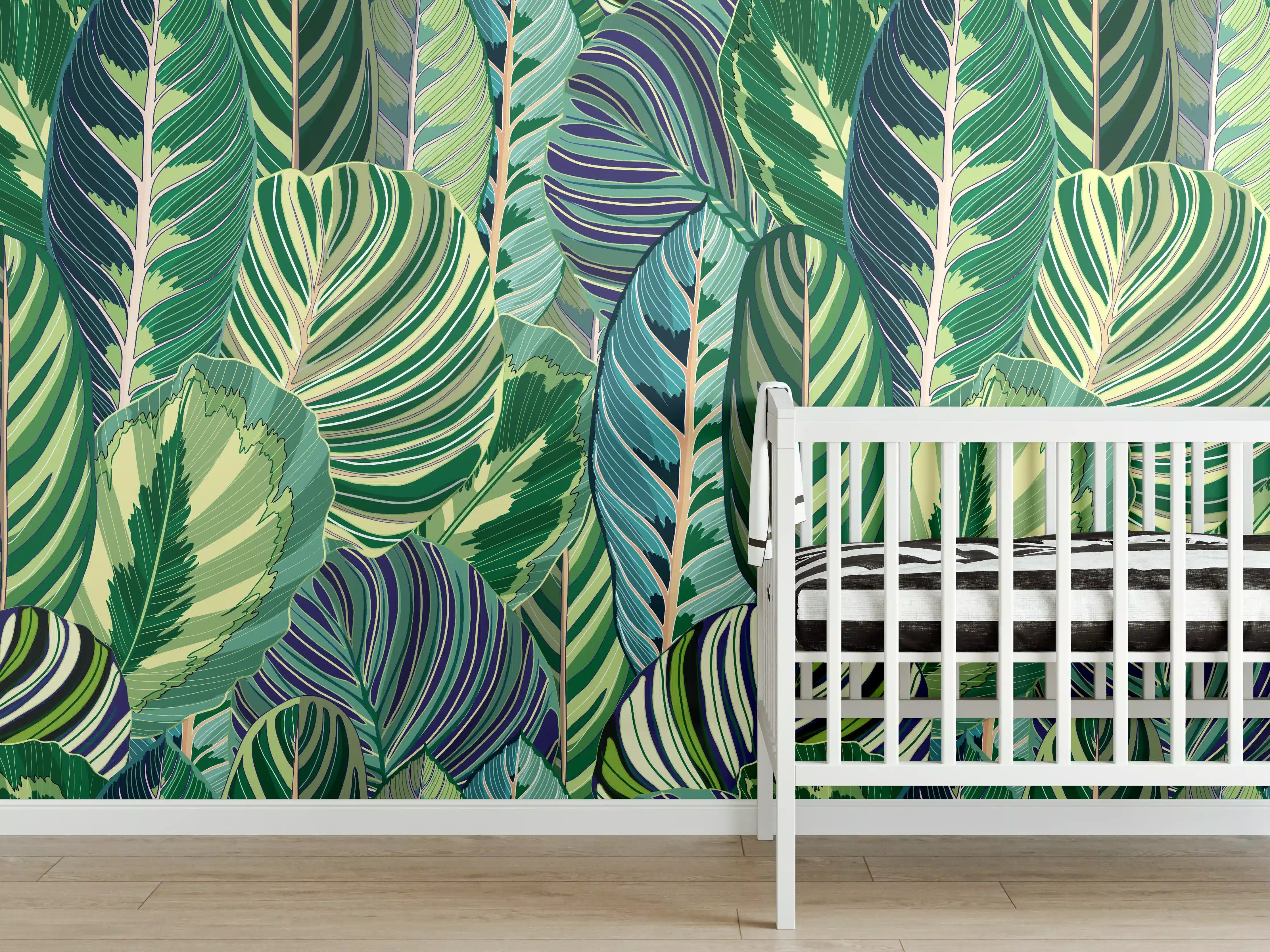 Babyzimmer Wandgestaltung - Tropische Blätter Grün-Türkis-Lila