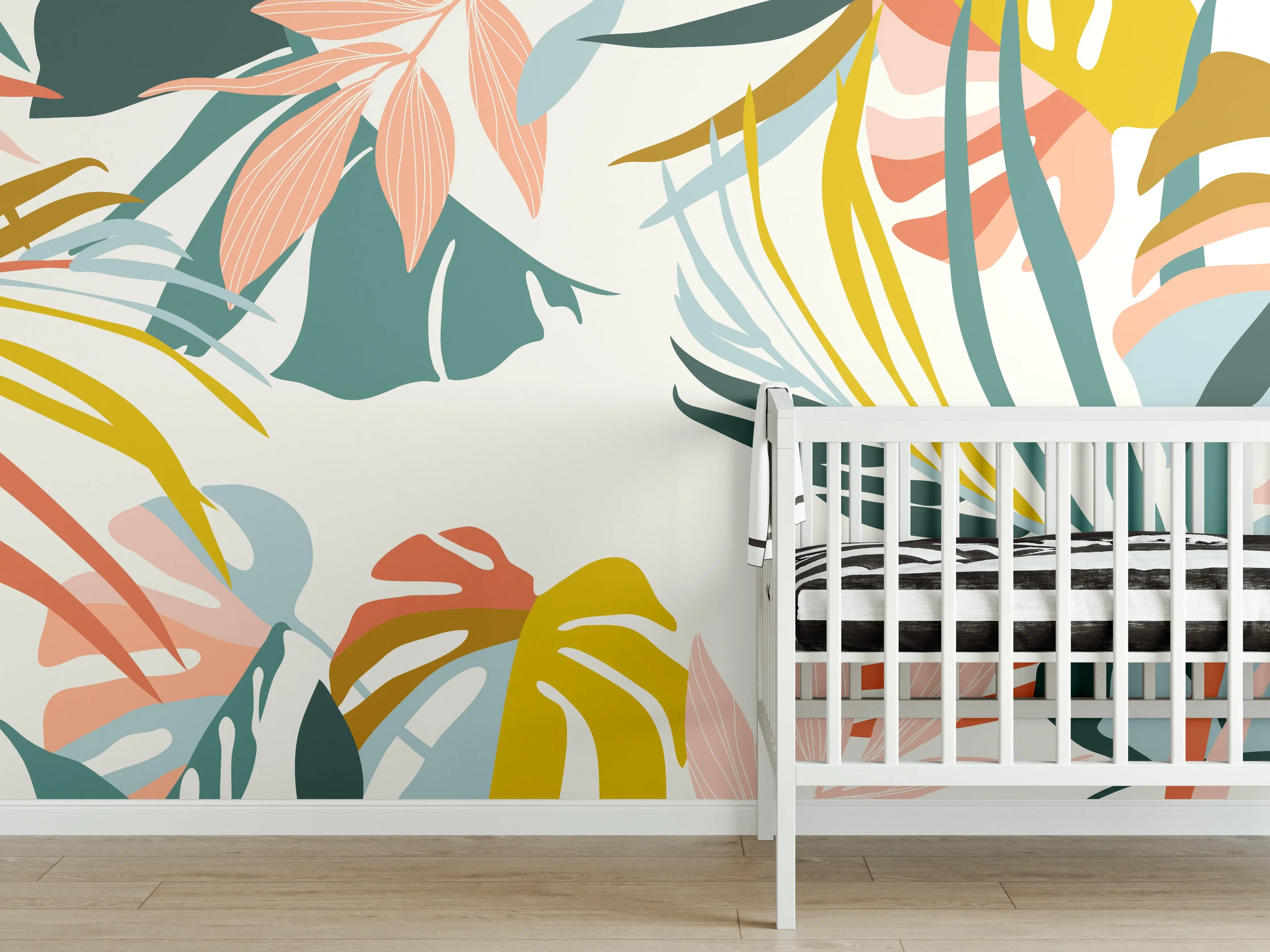 Babyzimmer Wandgestaltung - Tropische Blatt Illustration Pastell