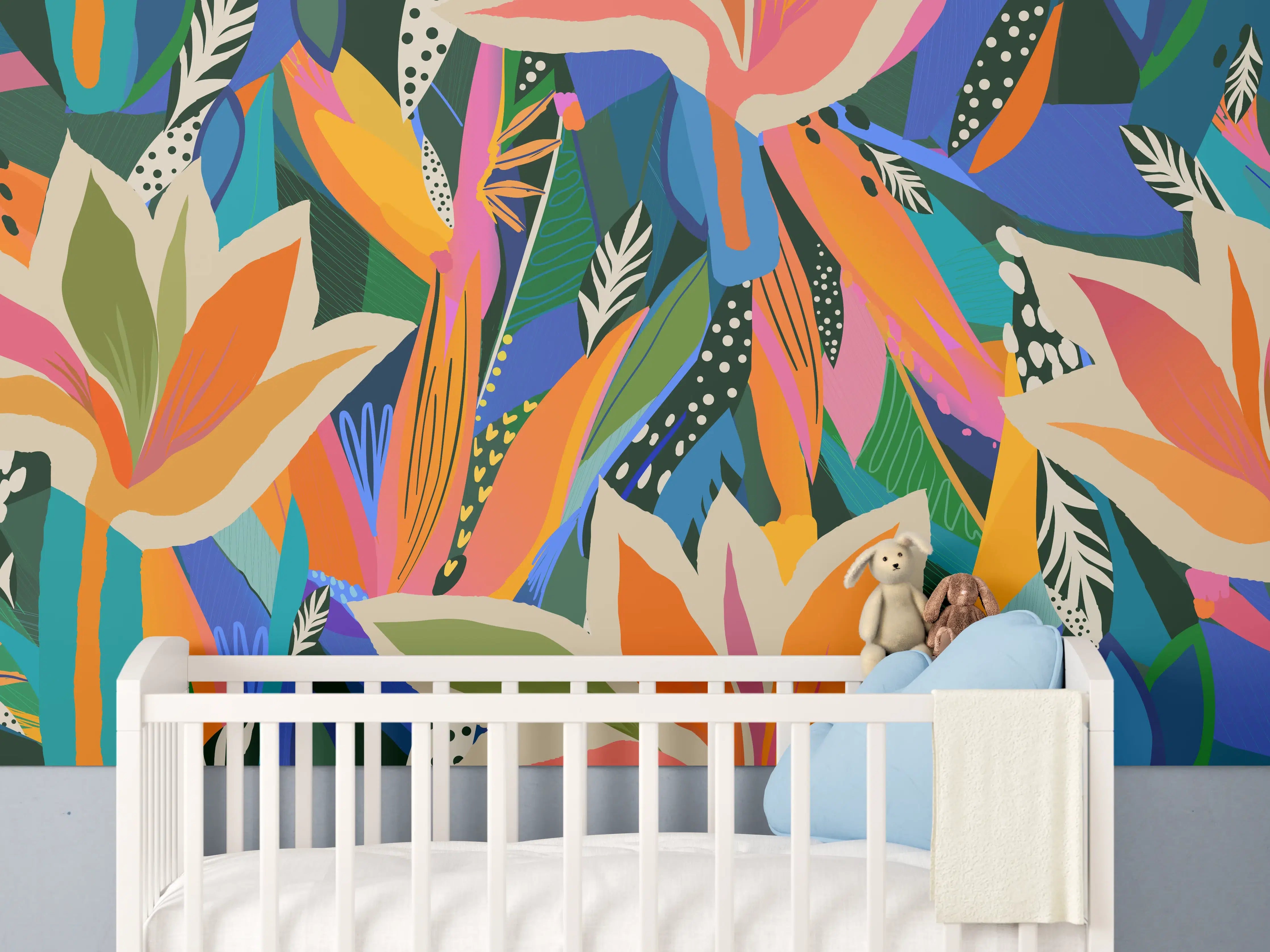 Babyzimmer Wandgestaltung - Tropische Blüten Blau-Orange-Grün