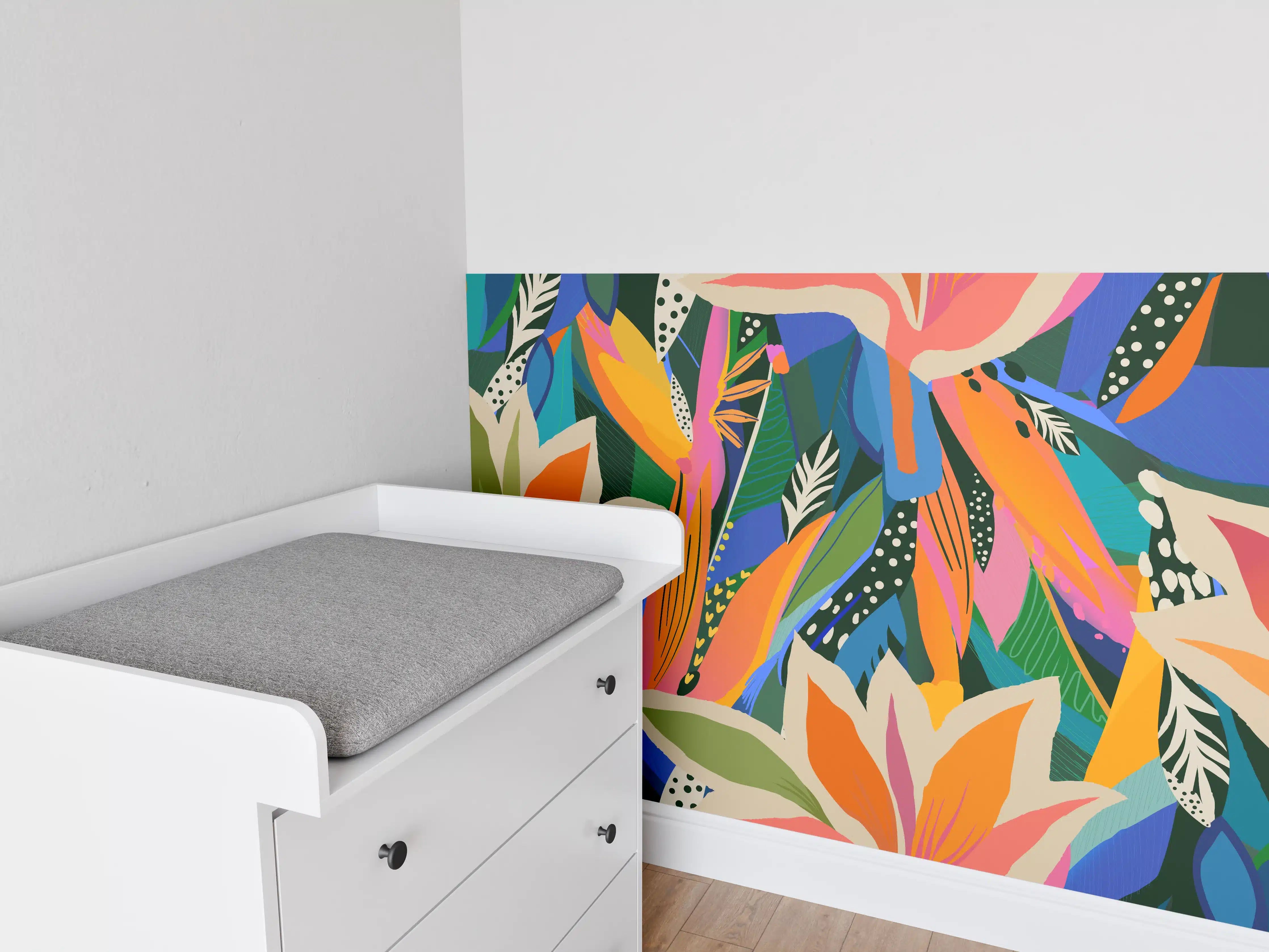 Babyzimmer Wandgestaltung - Tropische Blüten Blau-Orange-Grün