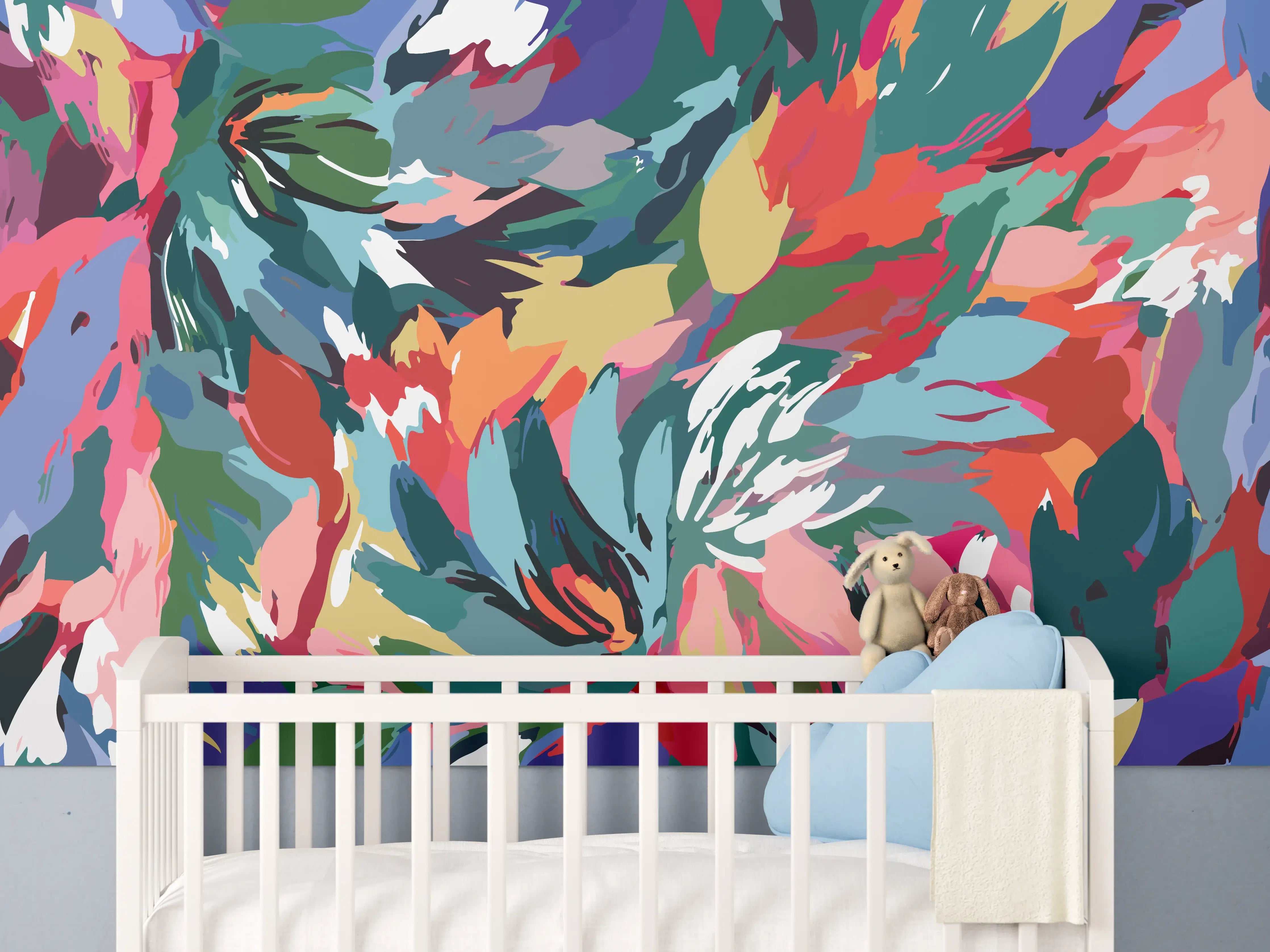 Babyzimmer Wandgestaltung - Tropische Blüten-Explosion Türkis-Rot