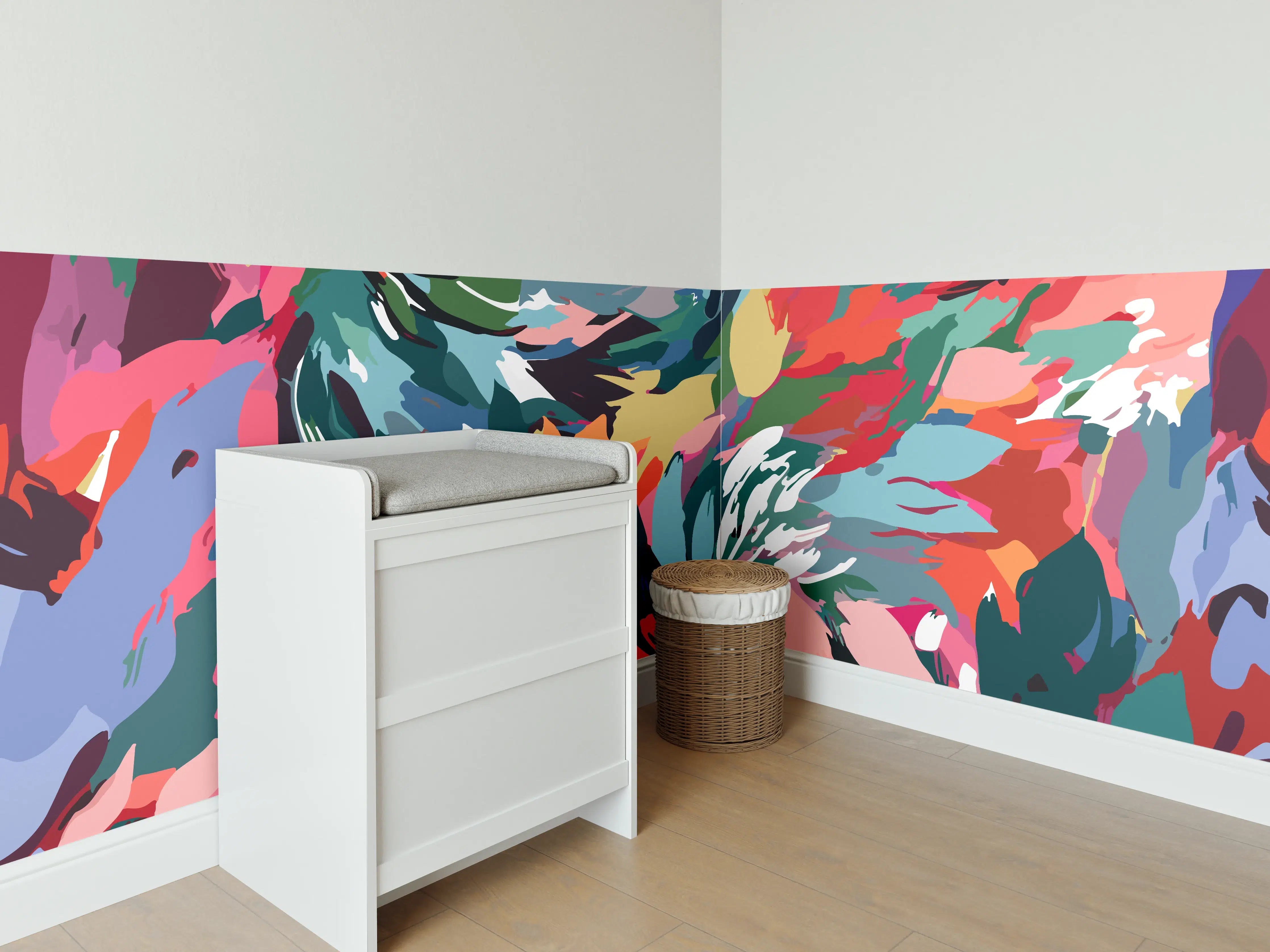 Babyzimmer Wandgestaltung - Tropische Blüten-Explosion Türkis-Rot
