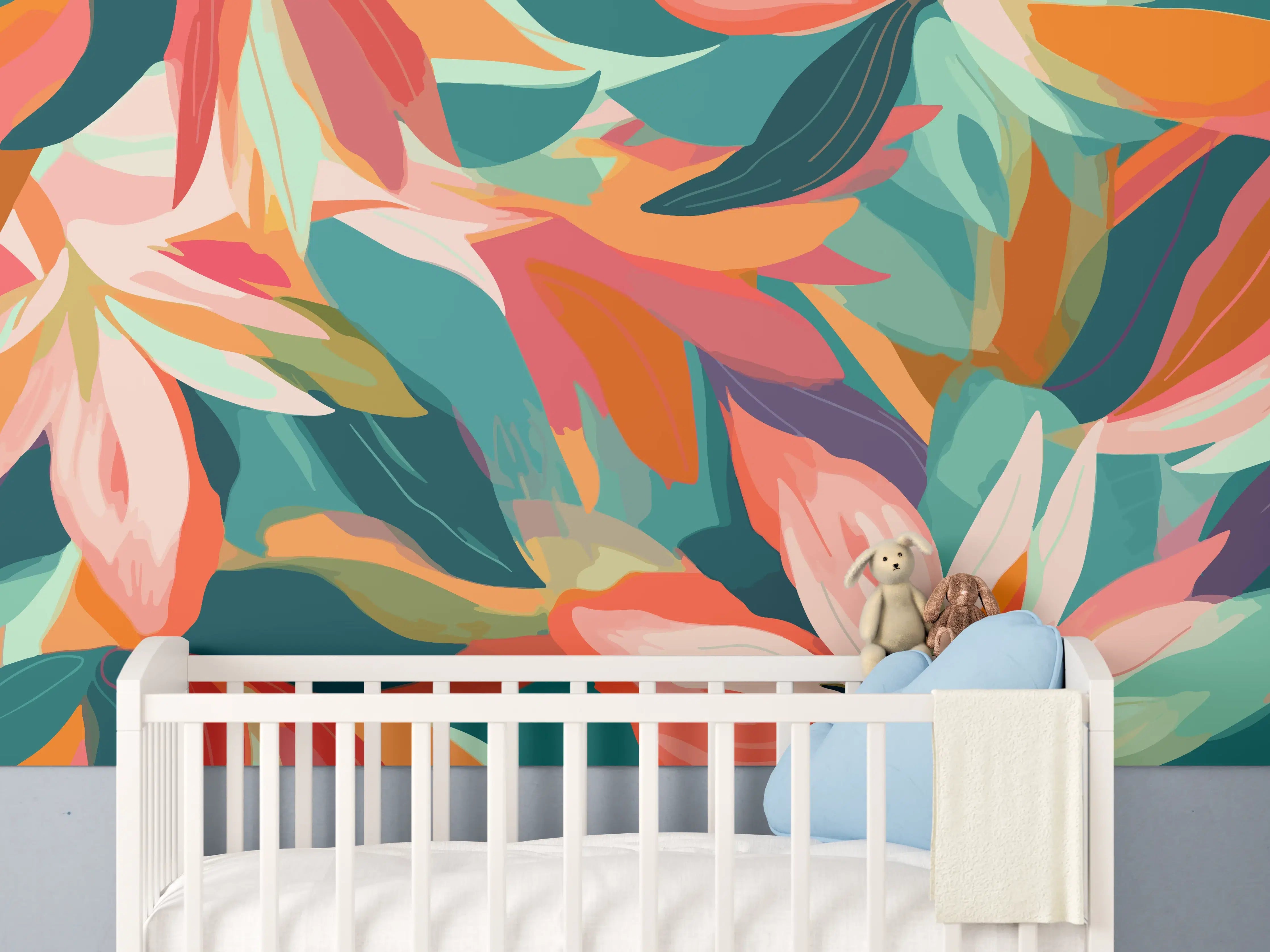 Babyzimmer Wandgestaltung - Tropische Blüten Türkis Koralle