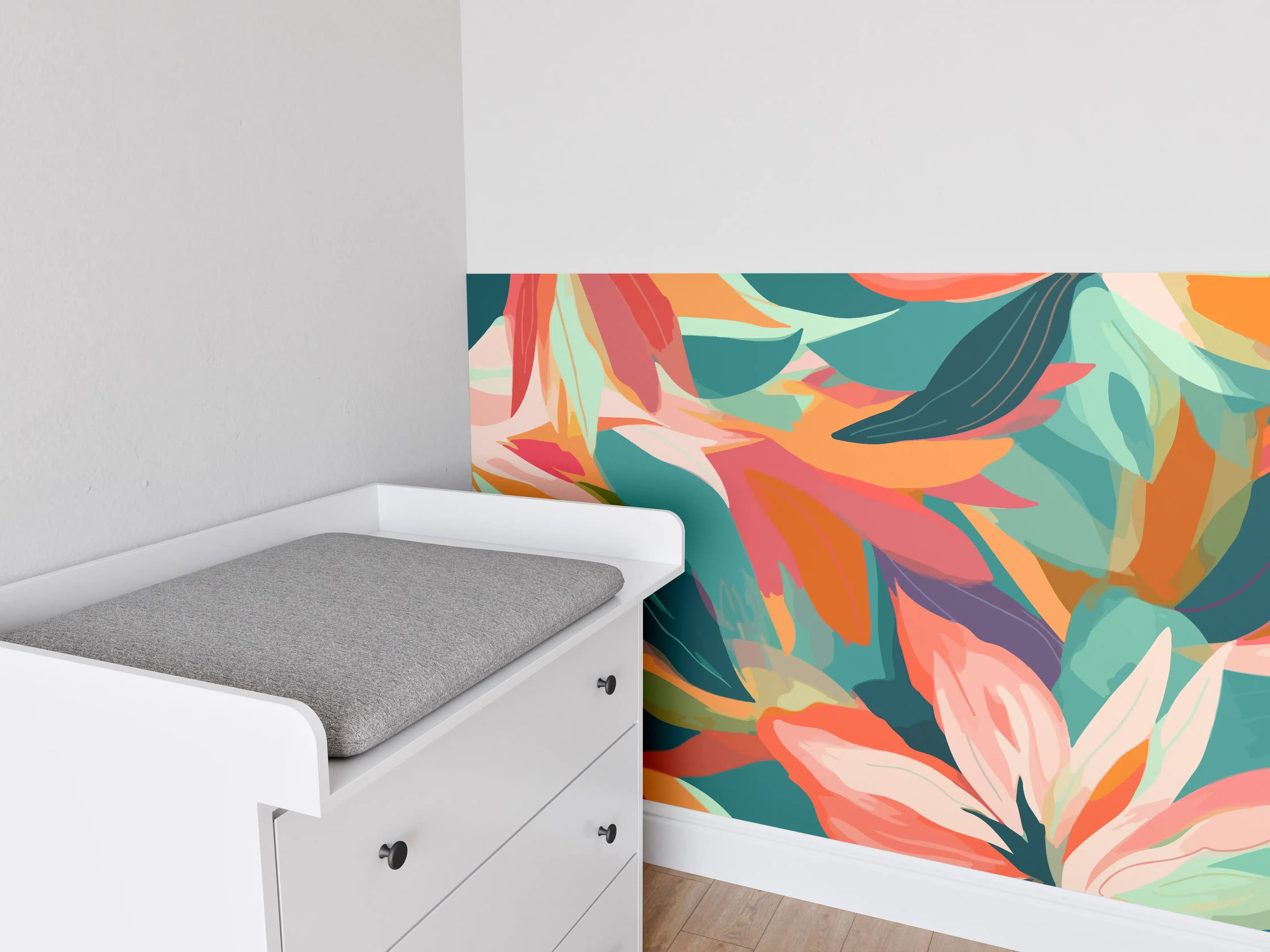 Babyzimmer Wandgestaltung - Tropische Blüten Türkis Koralle