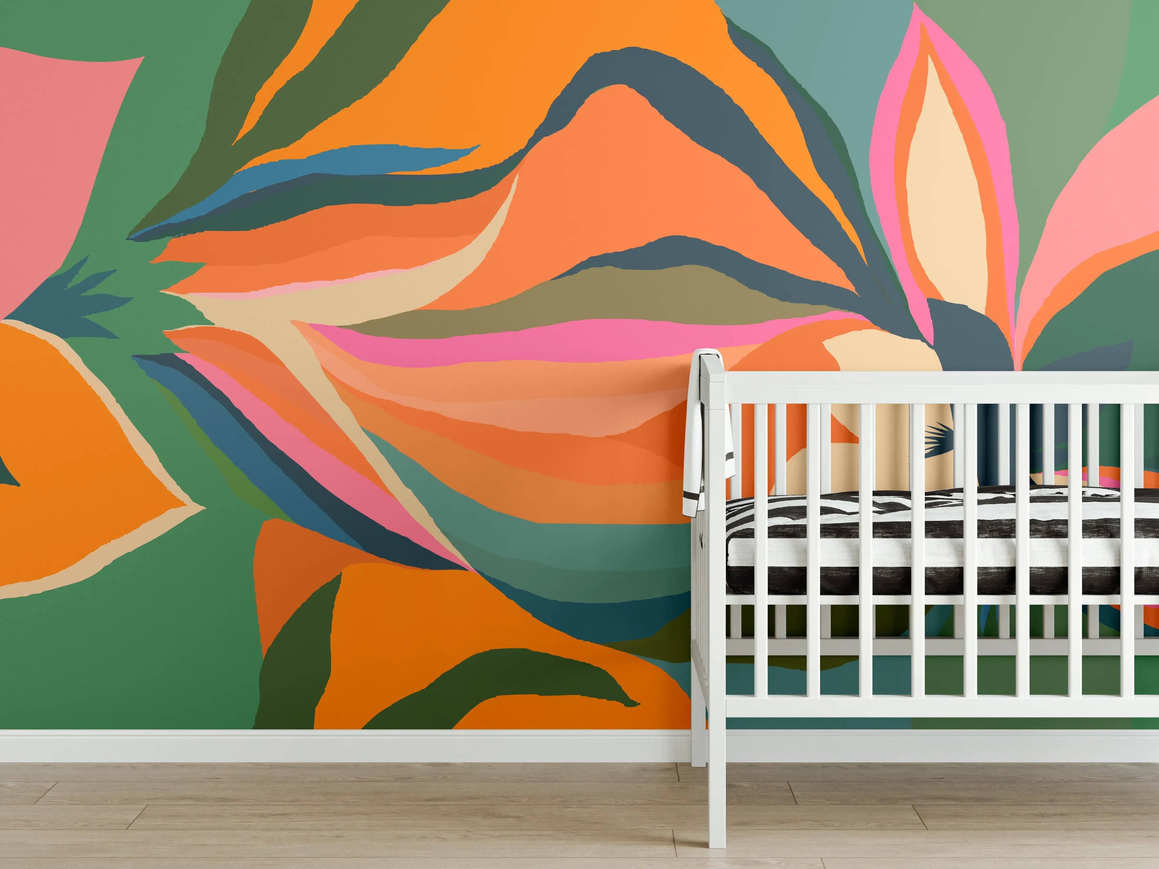 Babyzimmer Wandgestaltung - Tropische Blüten in Orange