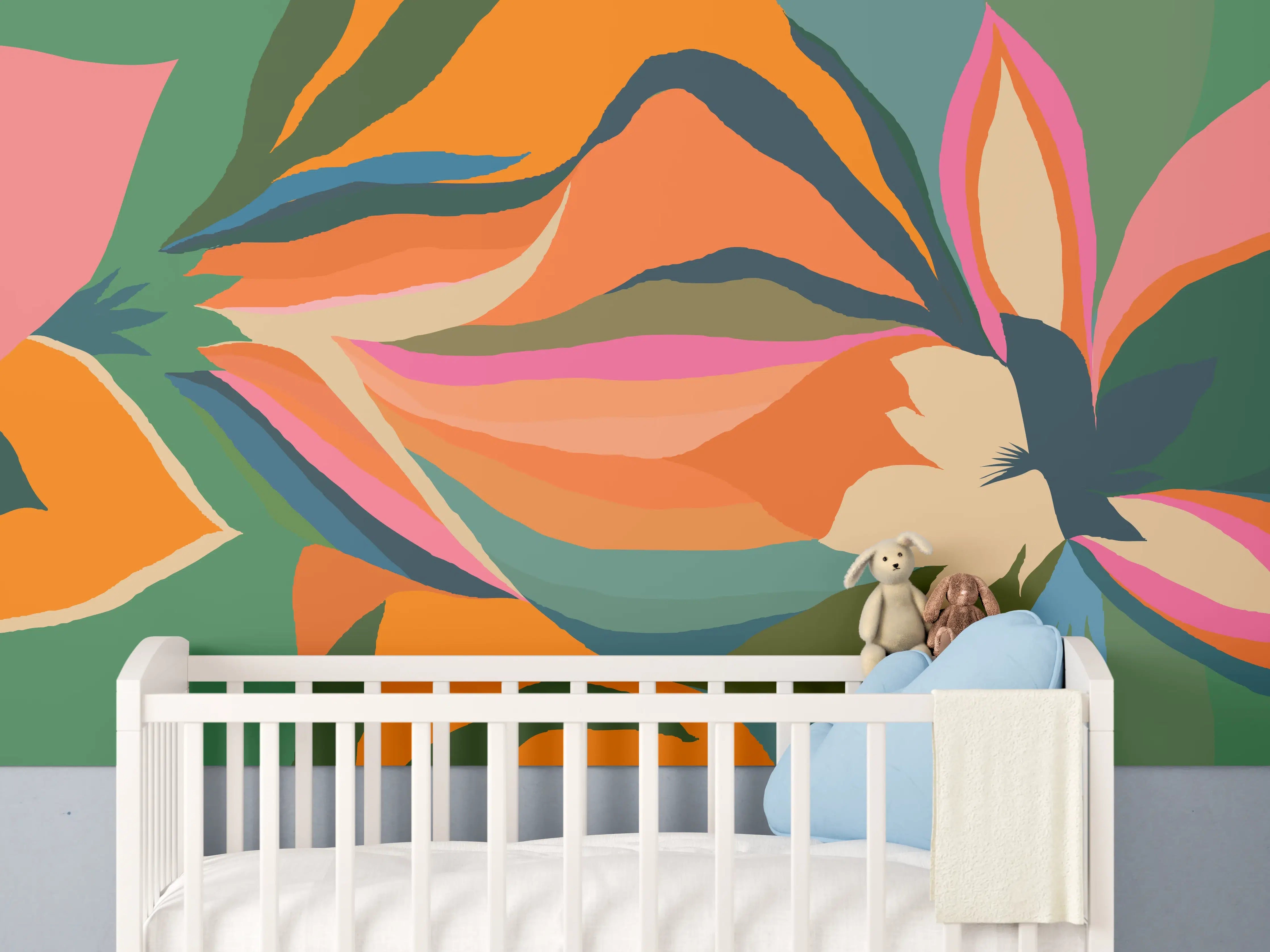 Babyzimmer Wandgestaltung - Tropische Blüten in Orange