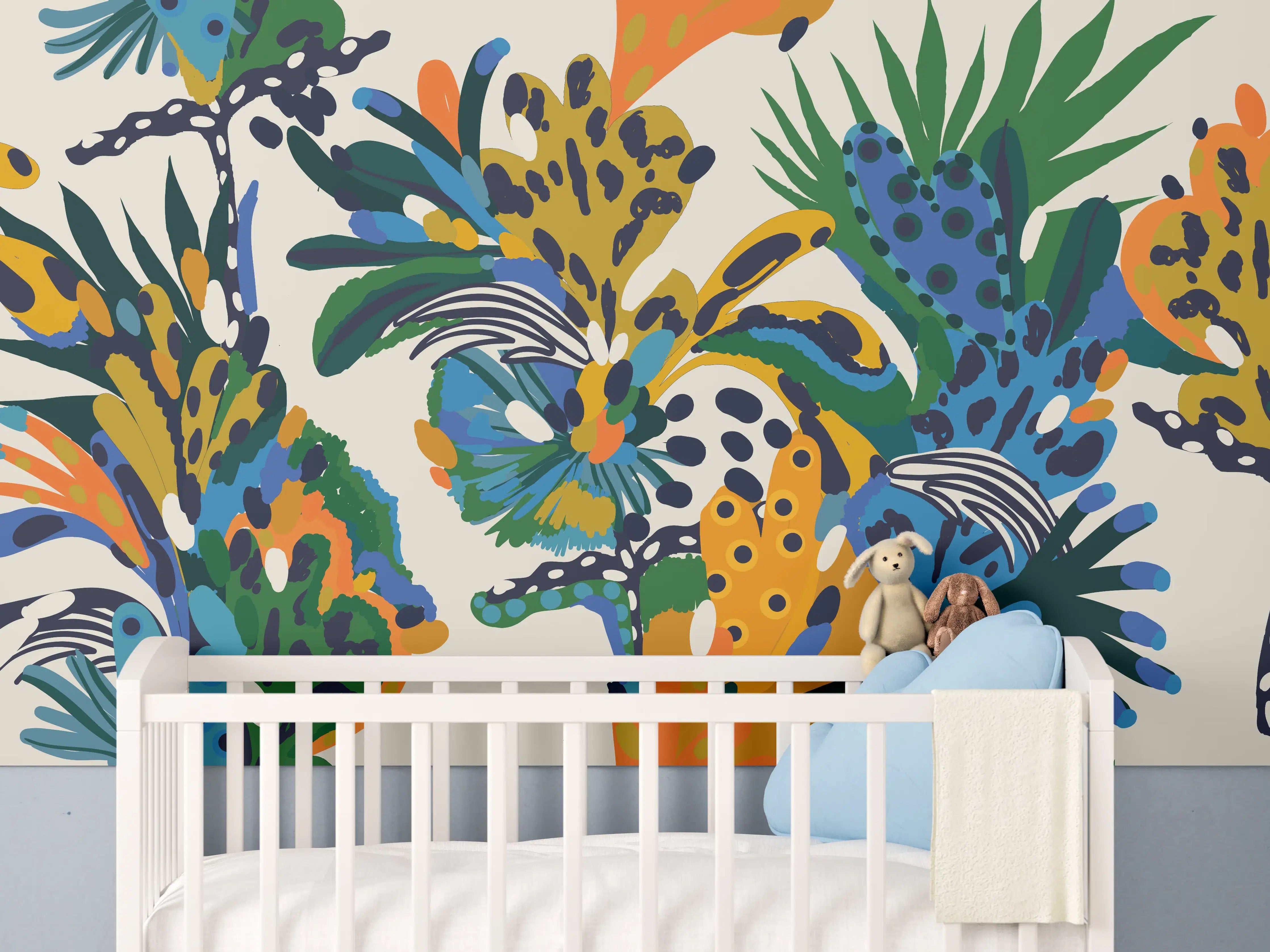 Babyzimmer Wandgestaltung - Tropische Blumen Blau Grün Orange