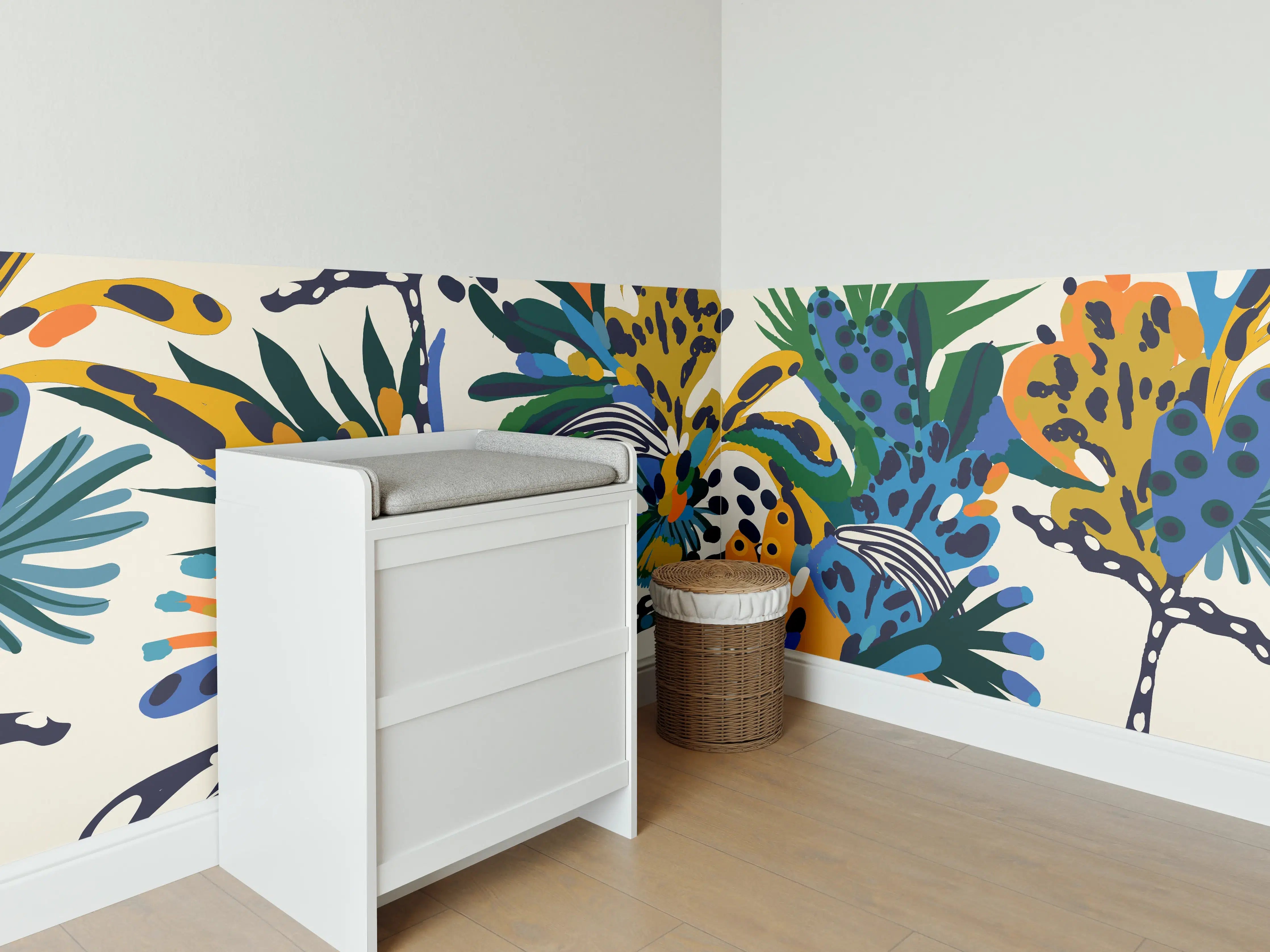 Babyzimmer Wandgestaltung - Tropische Blumen Blau Grün Orange