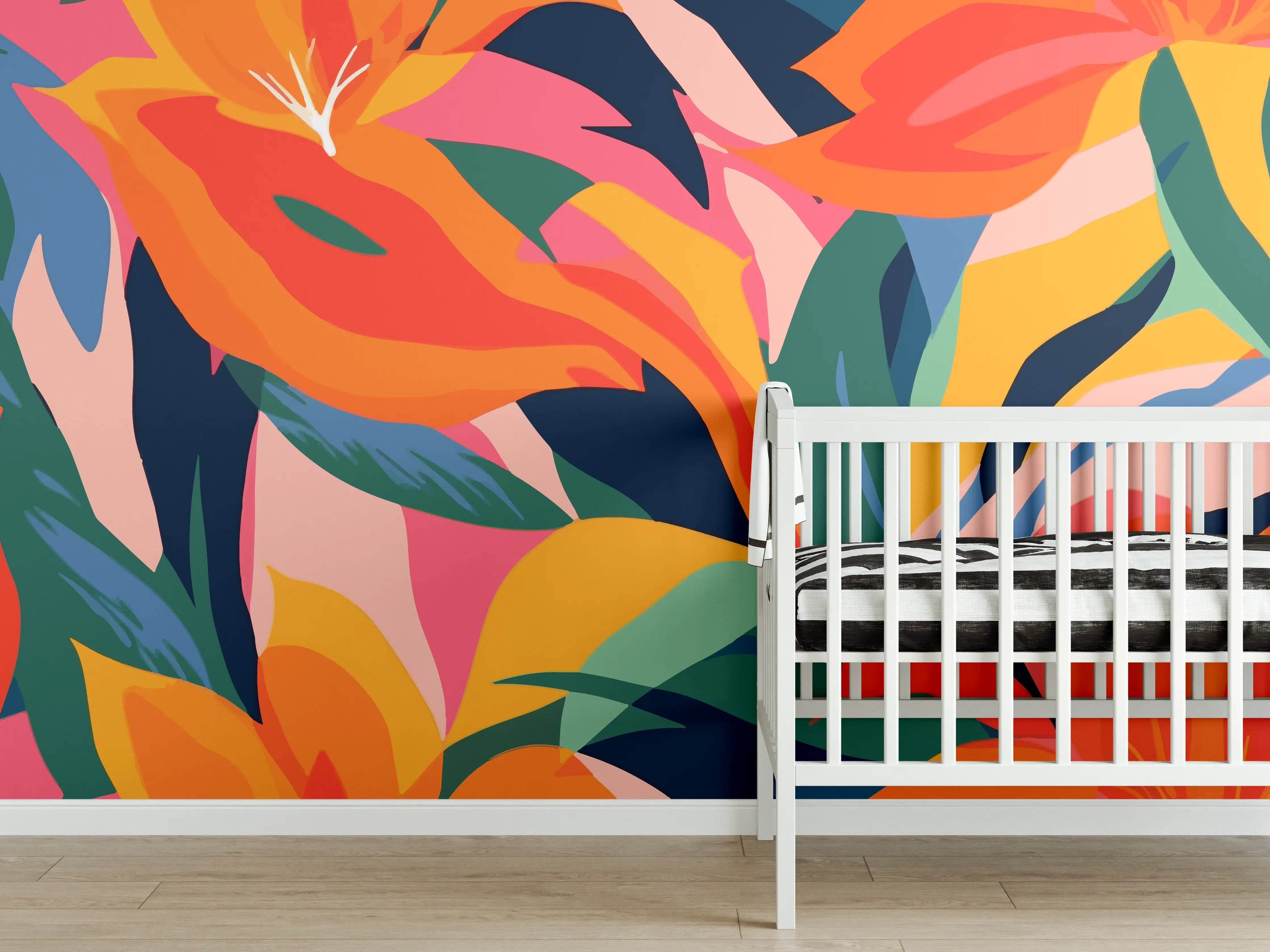 Babyzimmer Wandgestaltung - Tropische Bunte Blumenillustration