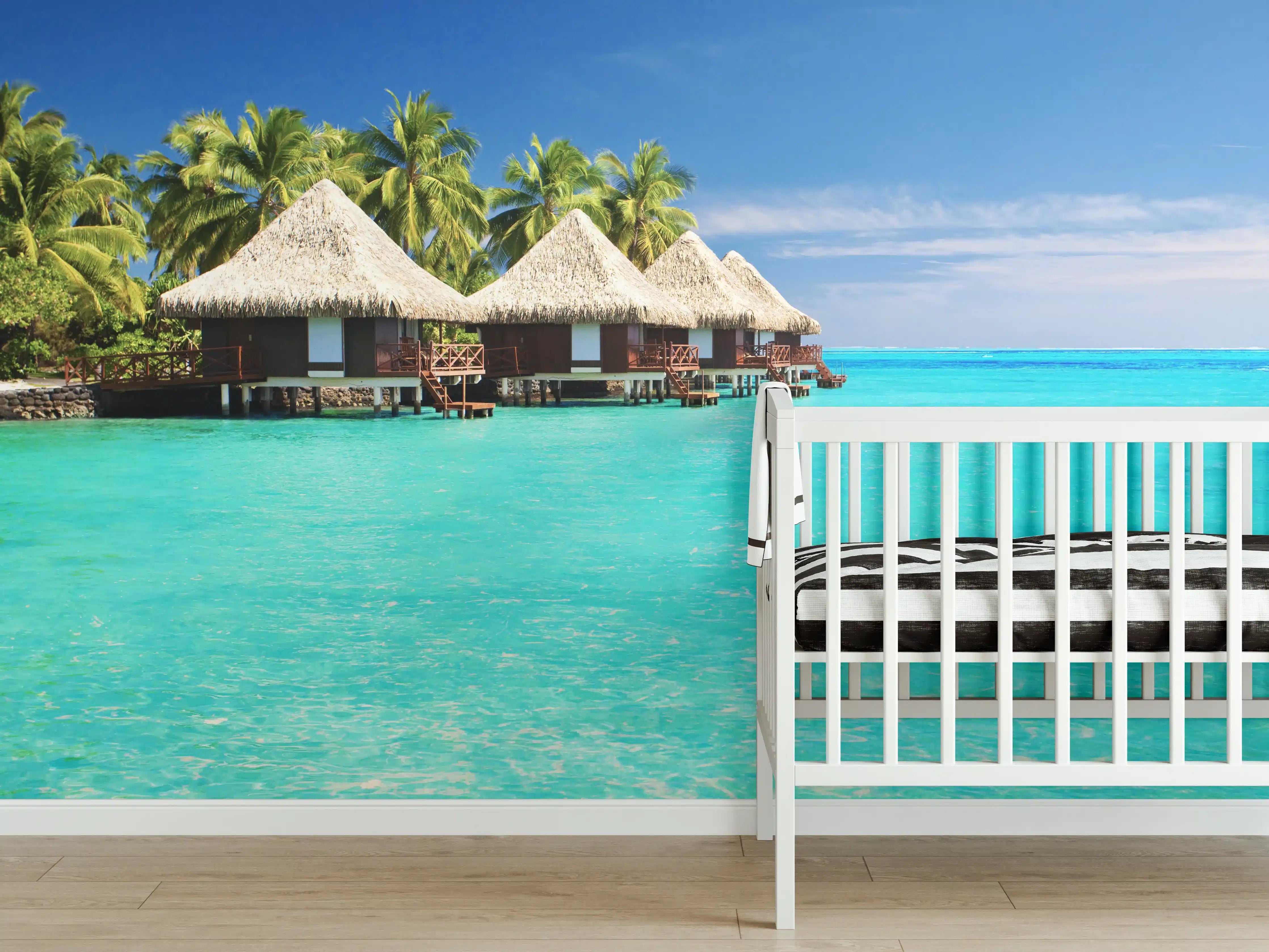 Babyzimmer Wandgestaltung - Tropische Lagune mit Bungalows