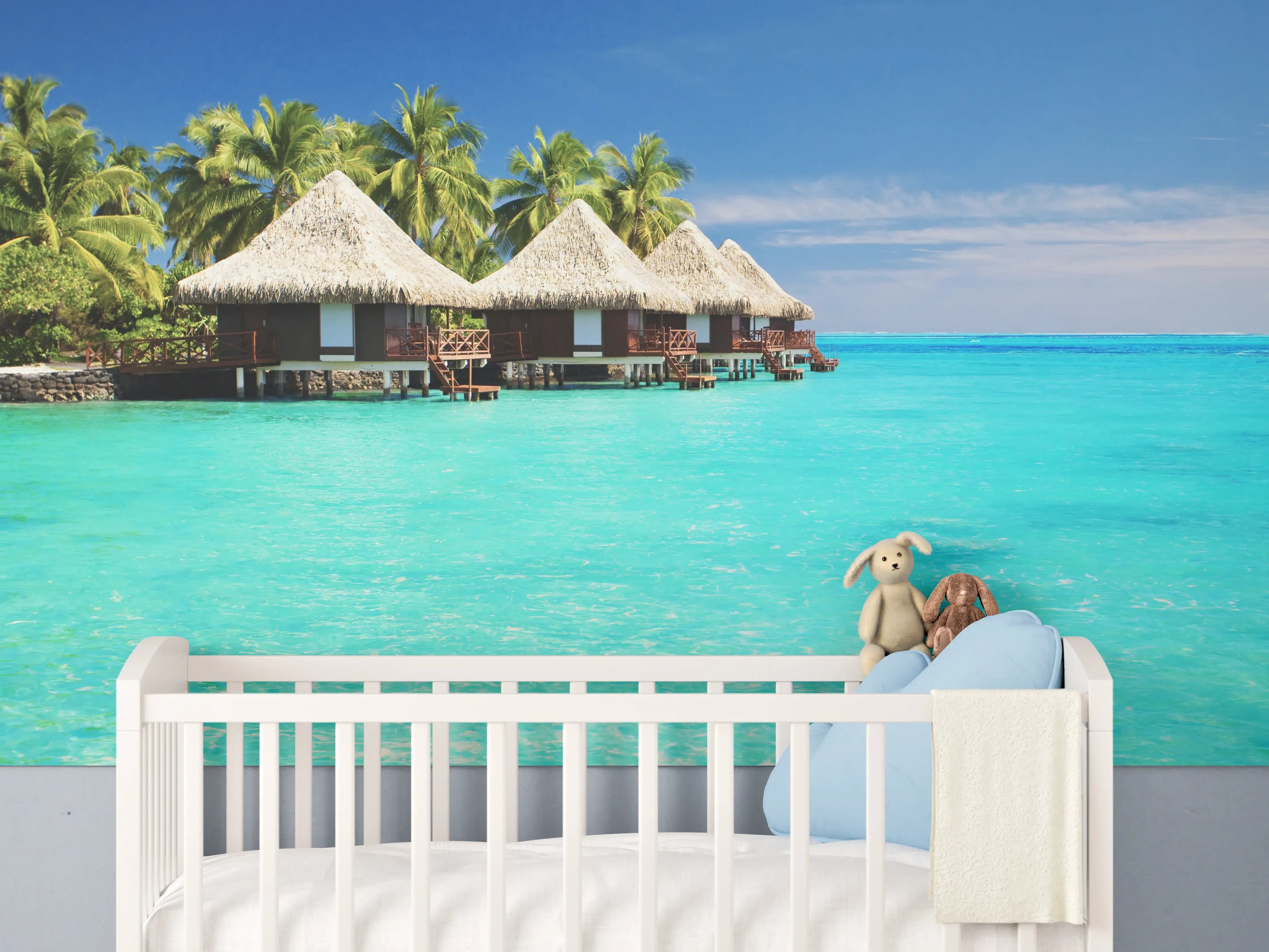 Babyzimmer Wandgestaltung - Tropische Lagune mit Bungalows