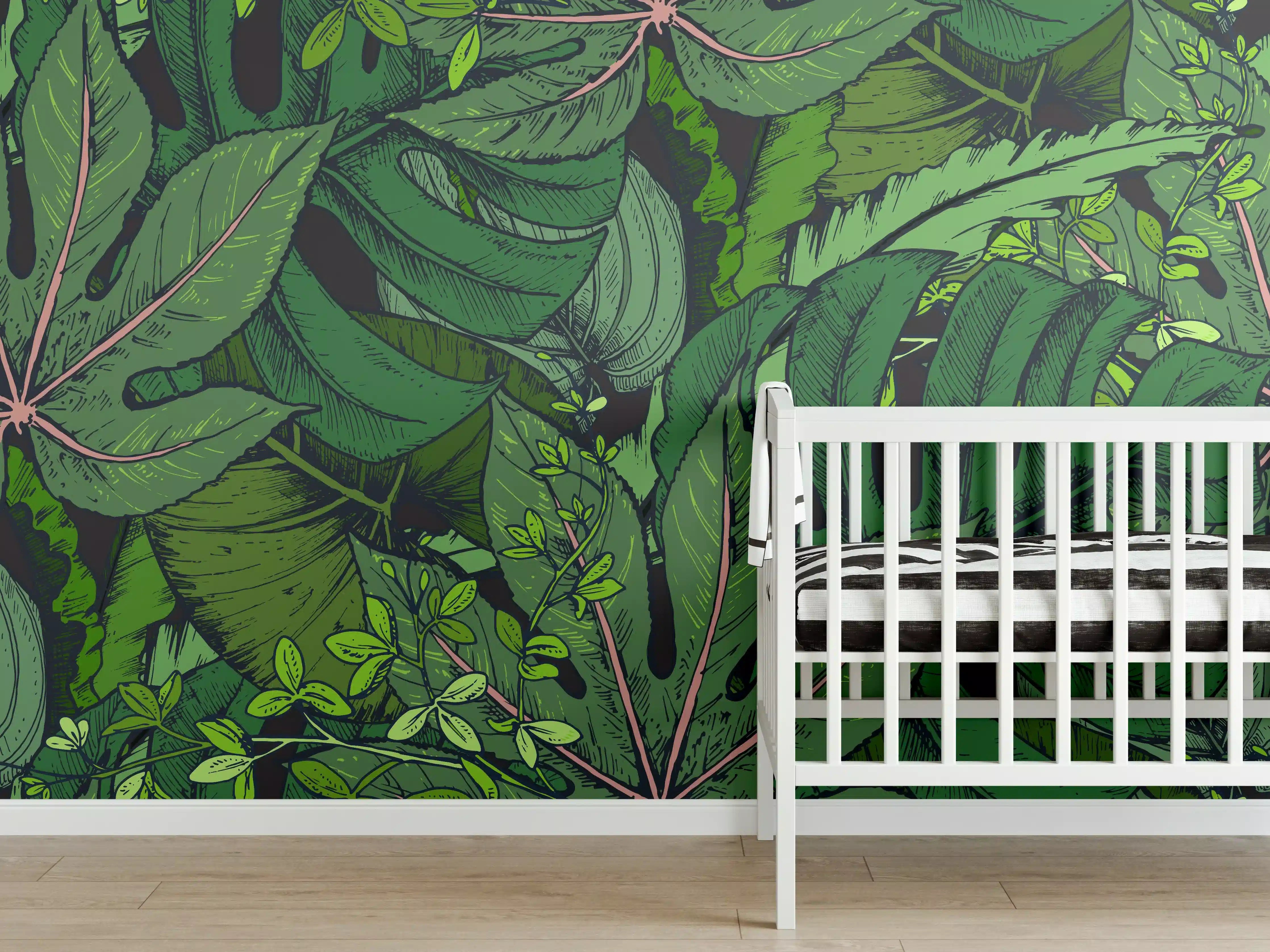 Babyzimmer Wandgestaltung - Tropische Monstera-Blätter Grün