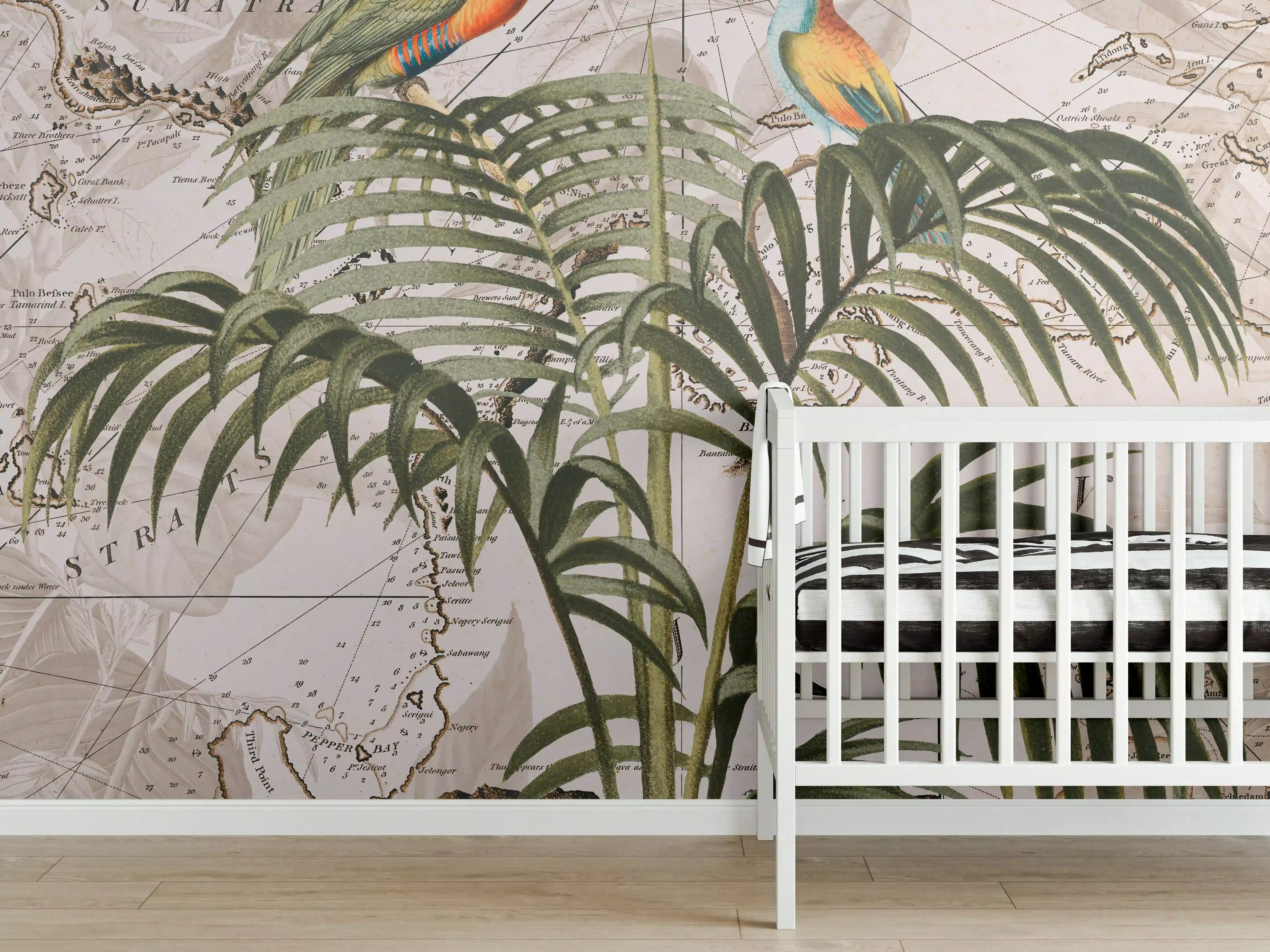 Babyzimmer Wandgestaltung - Tropische Vögel und Palmen auf antiker Karte