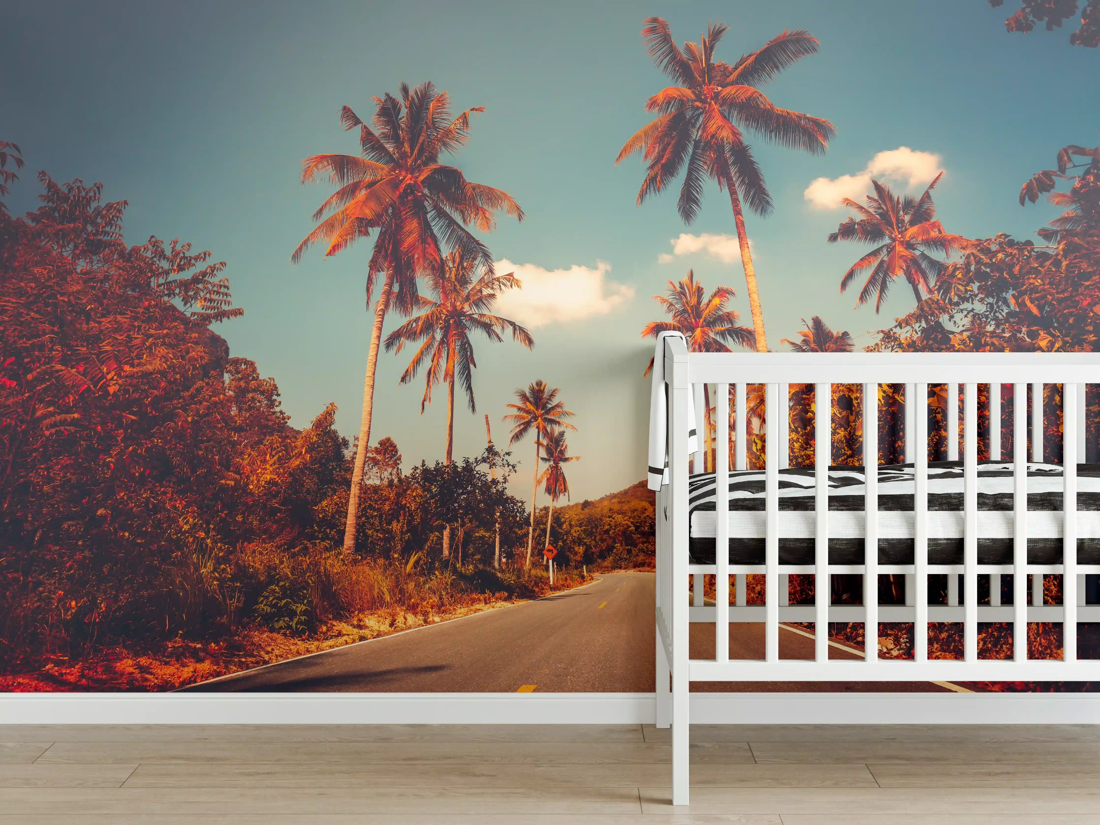 Babyzimmer Wandgestaltung - Tropischer Sonnenuntergang mit Palmen