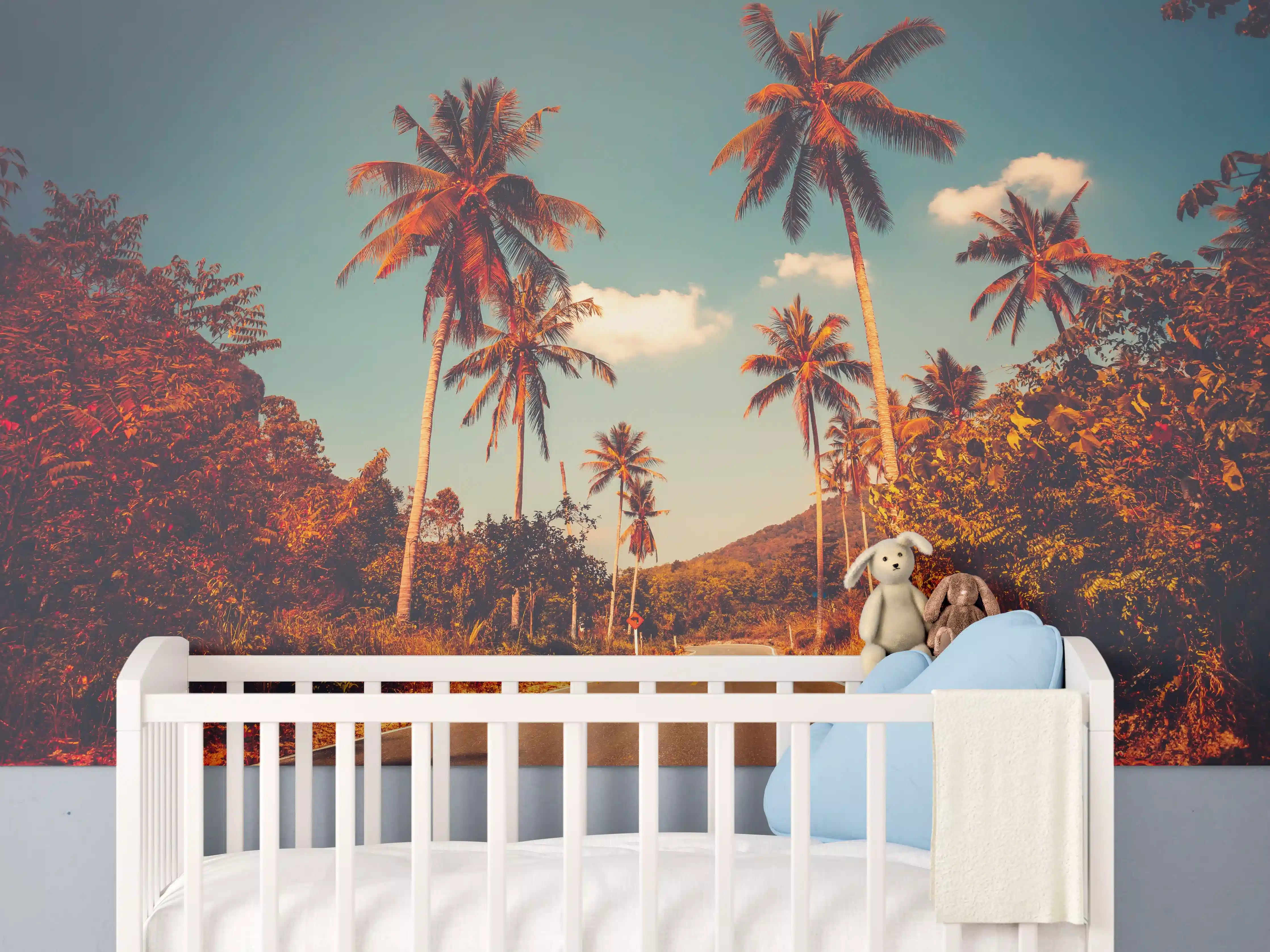 Babyzimmer Wandgestaltung - Tropischer Sonnenuntergang mit Palmen