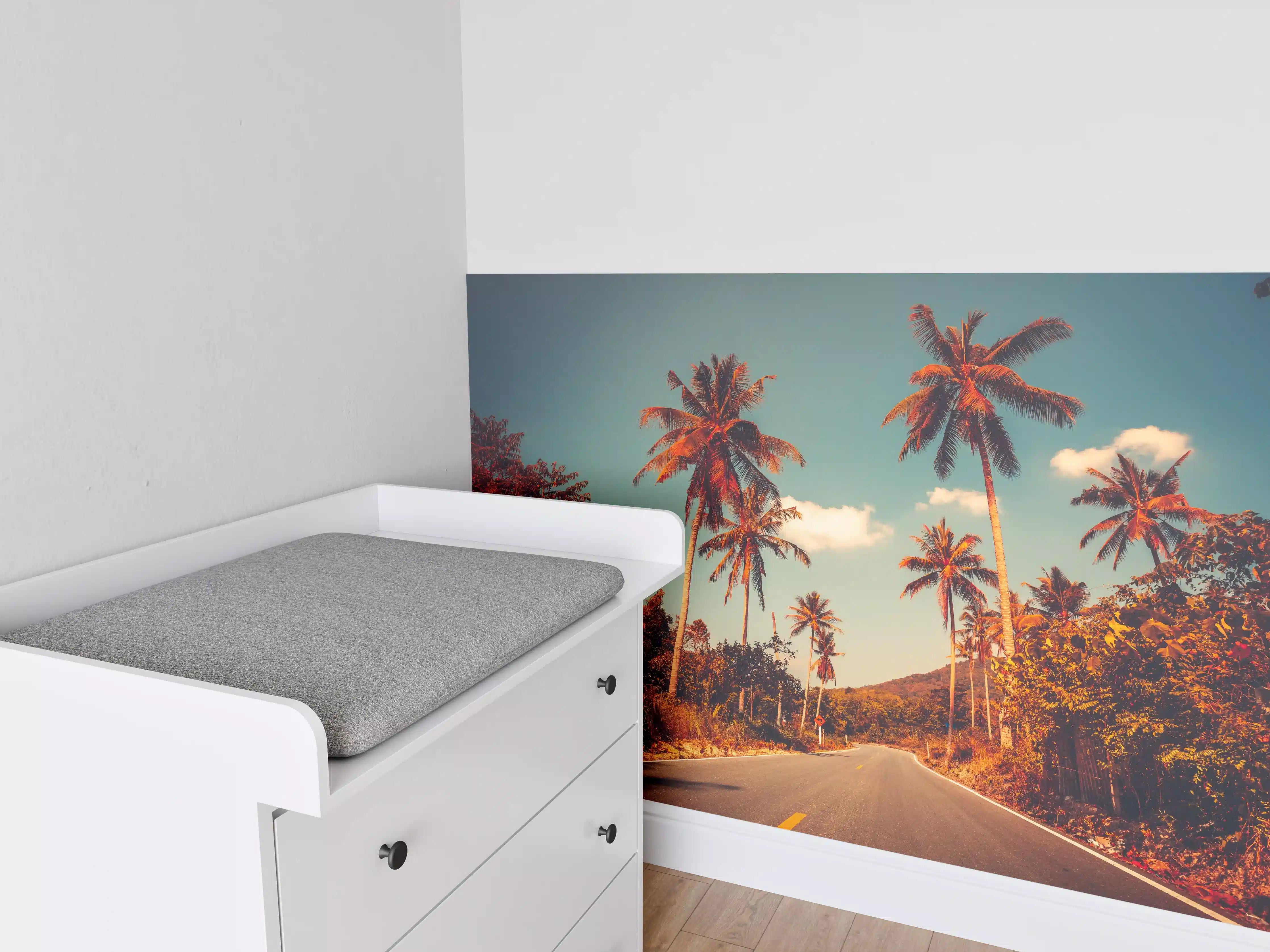 Babyzimmer Wandgestaltung - Tropischer Sonnenuntergang mit Palmen