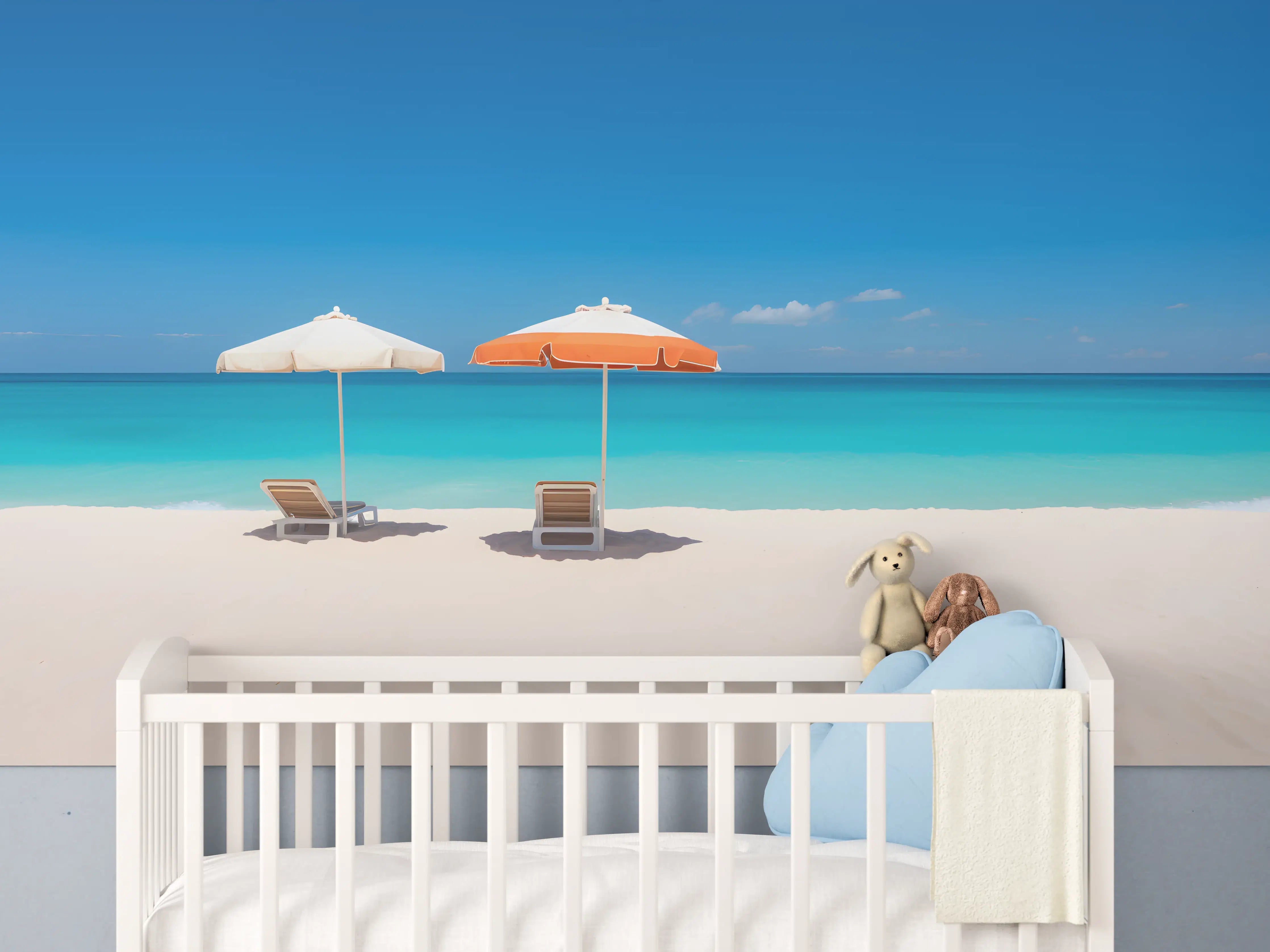Babyzimmer Wandgestaltung - Tropischer Strand mit Sonnenschirmen