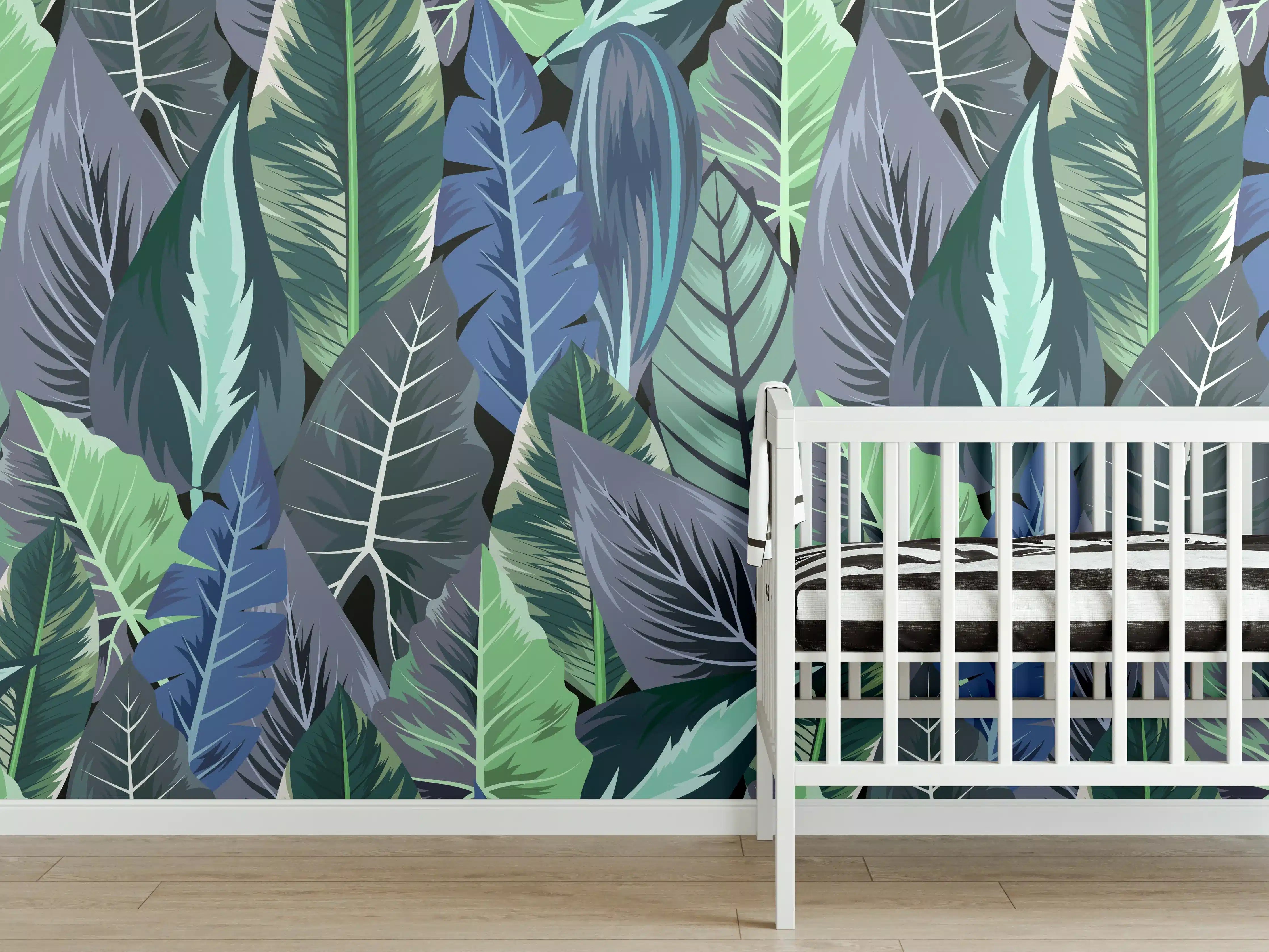 Babyzimmer Wandgestaltung - Tropisches Blatt-Labyrinth Grün-Blau