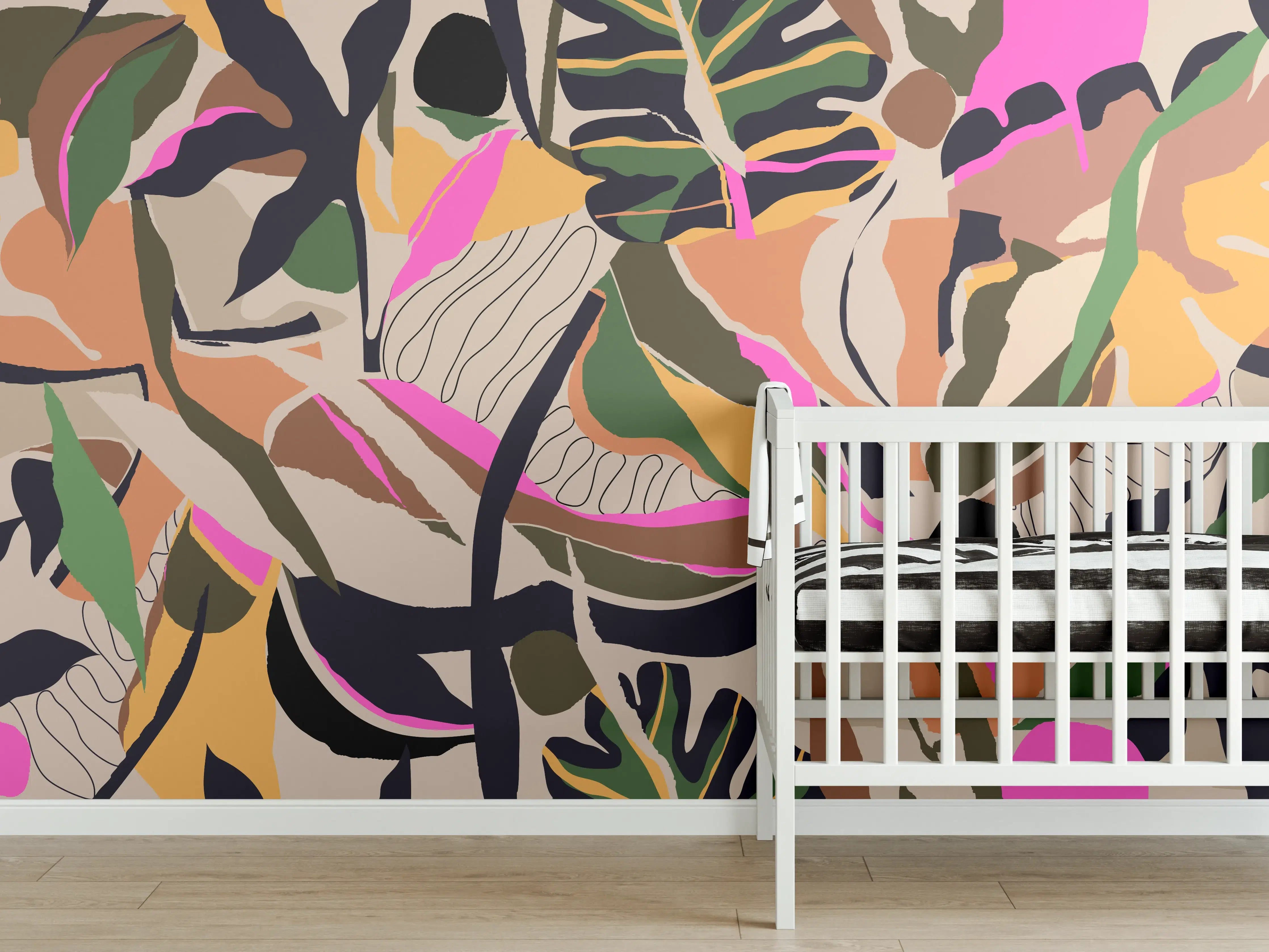 Babyzimmer Wandgestaltung - Tropisches Blattmuster Beige-Pink