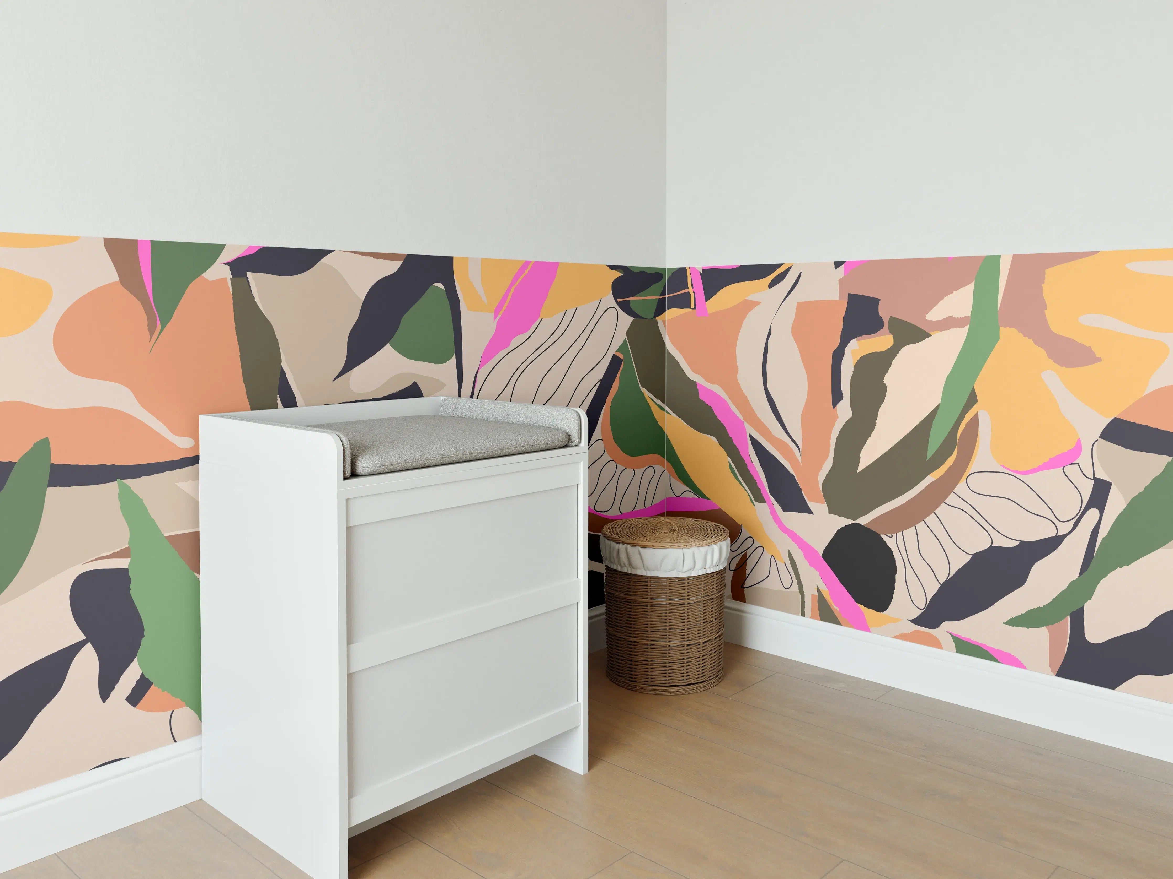 Babyzimmer Wandgestaltung - Tropisches Blattmuster Beige-Pink