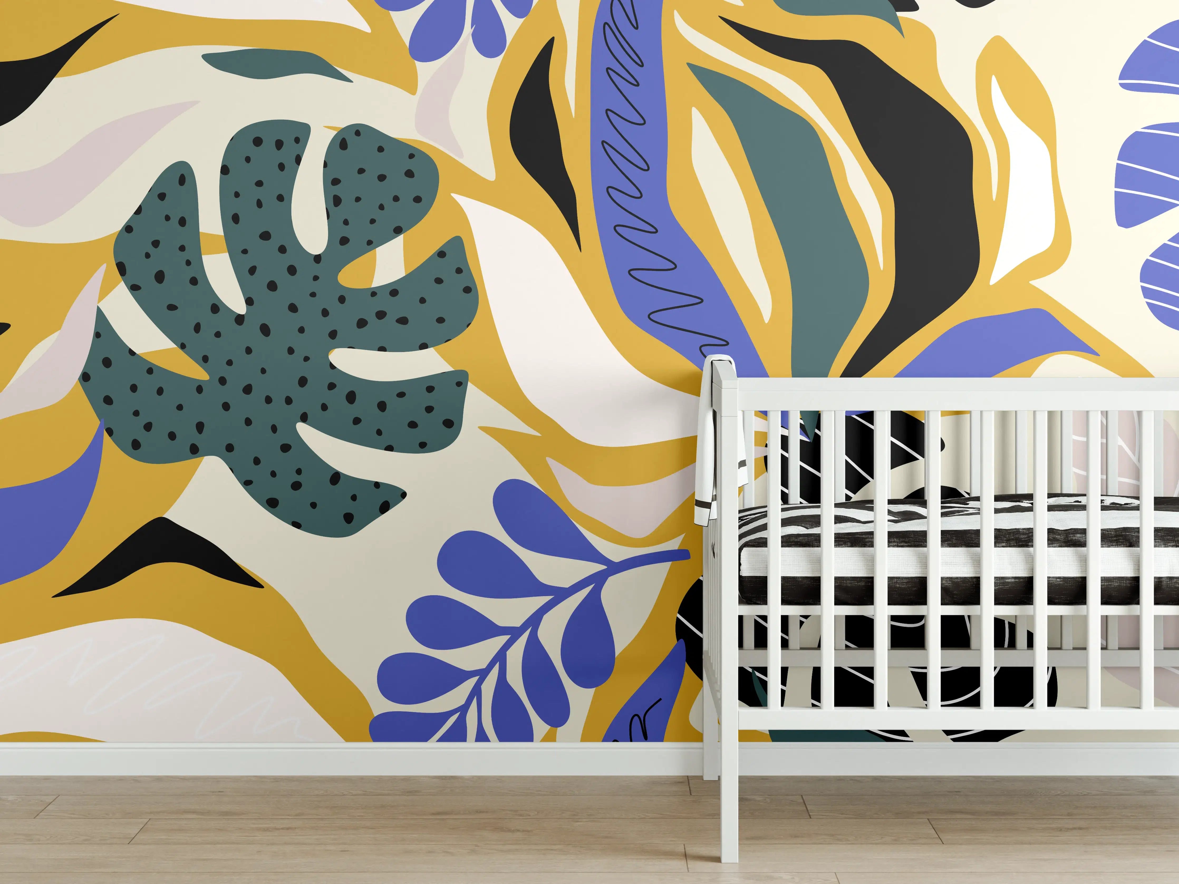 Babyzimmer Wandgestaltung - Tropisches Blattmuster Gelb-Blau