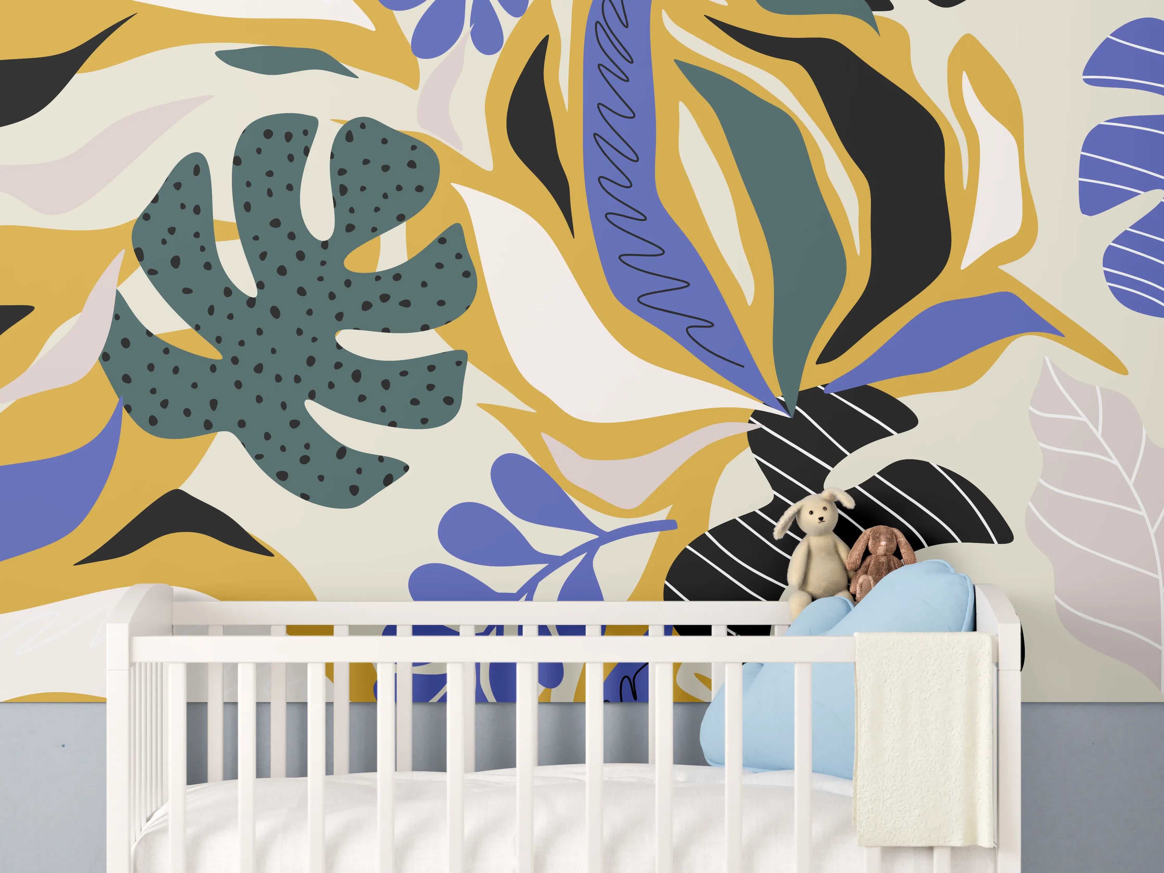 Babyzimmer Wandgestaltung - Tropisches Blattmuster Gelb-Blau