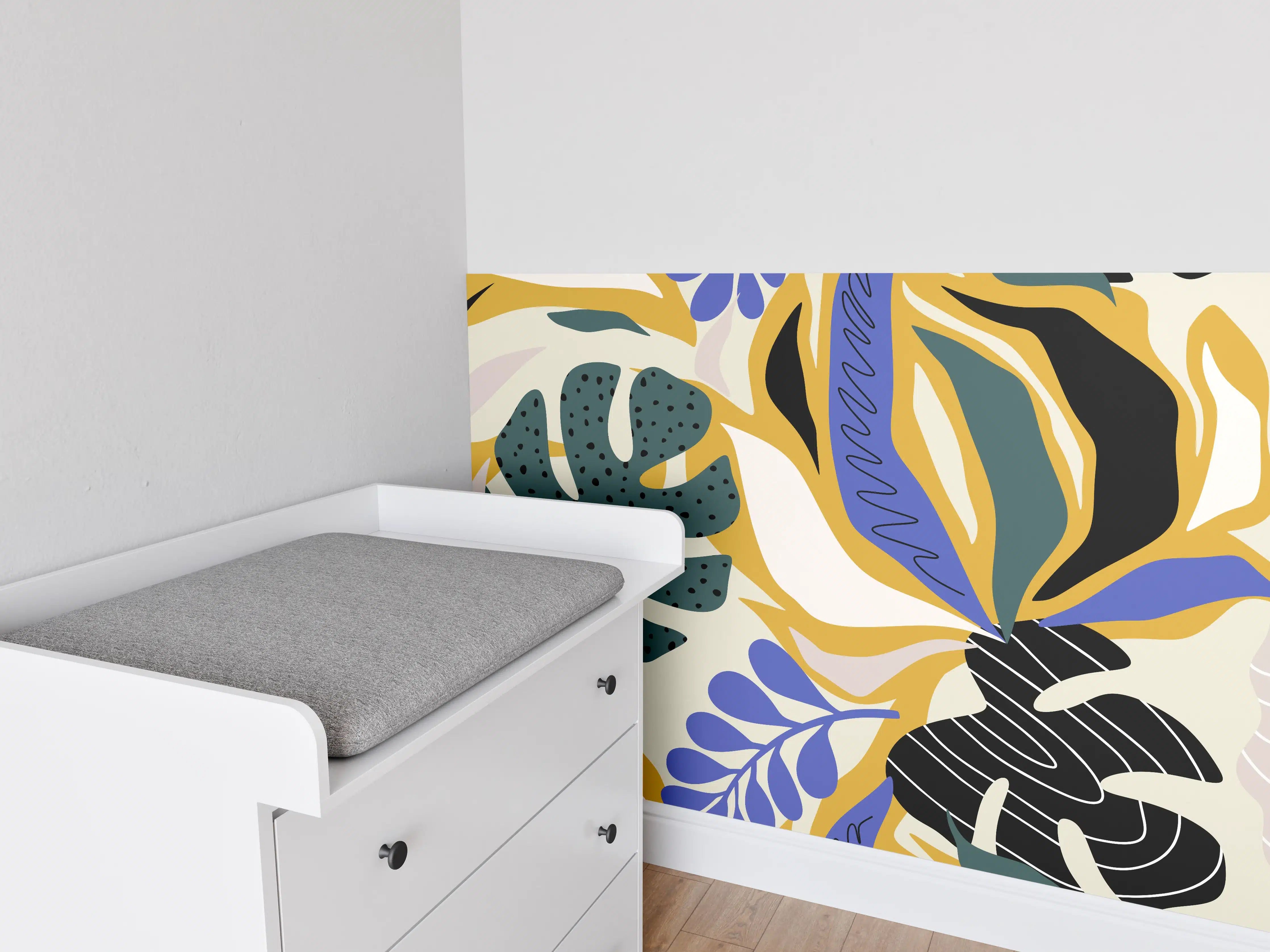 Babyzimmer Wandgestaltung - Tropisches Blattmuster Gelb-Blau