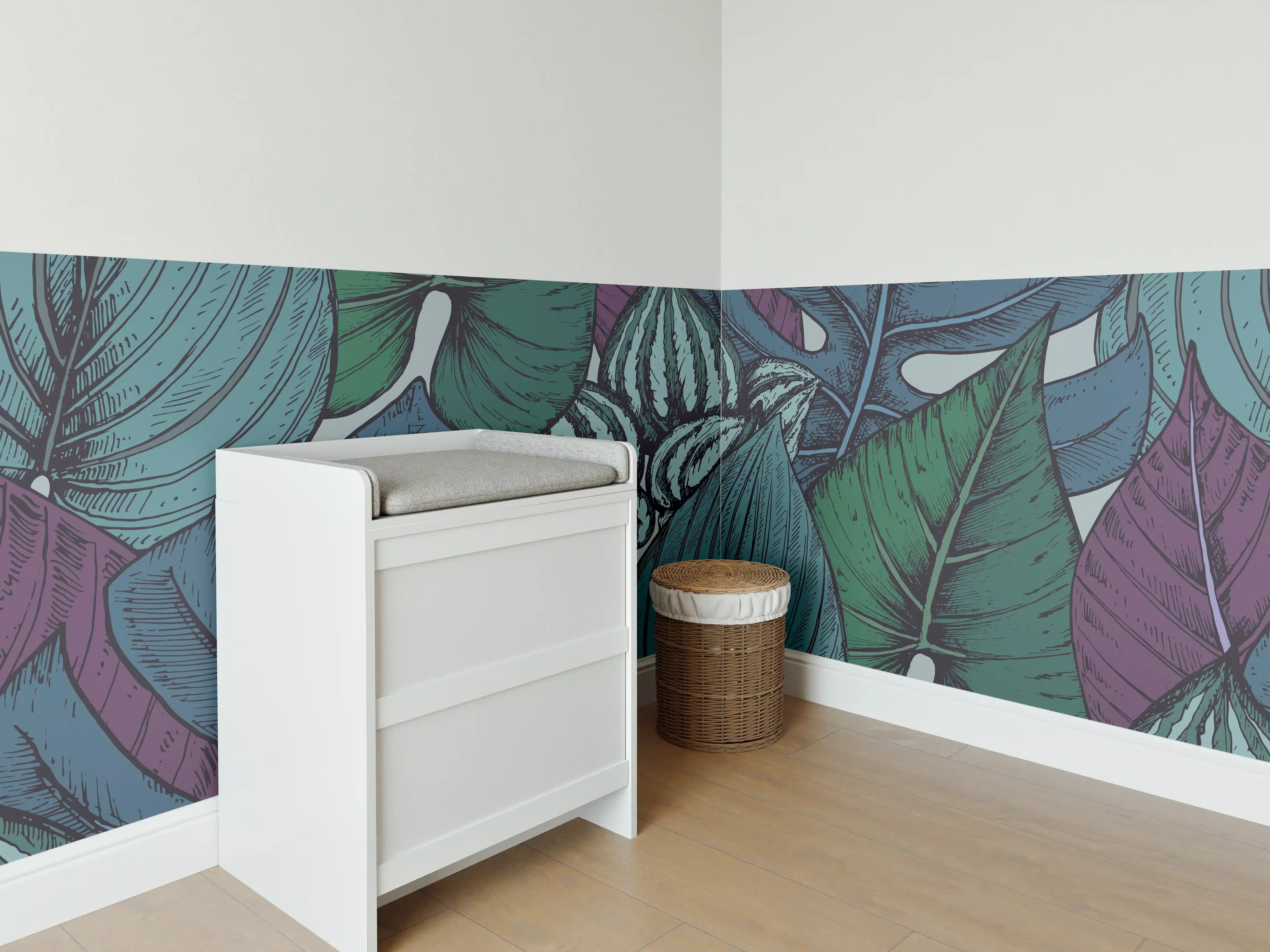 Babyzimmer Wandgestaltung - Tropisches Blattmuster Türkis-Lila