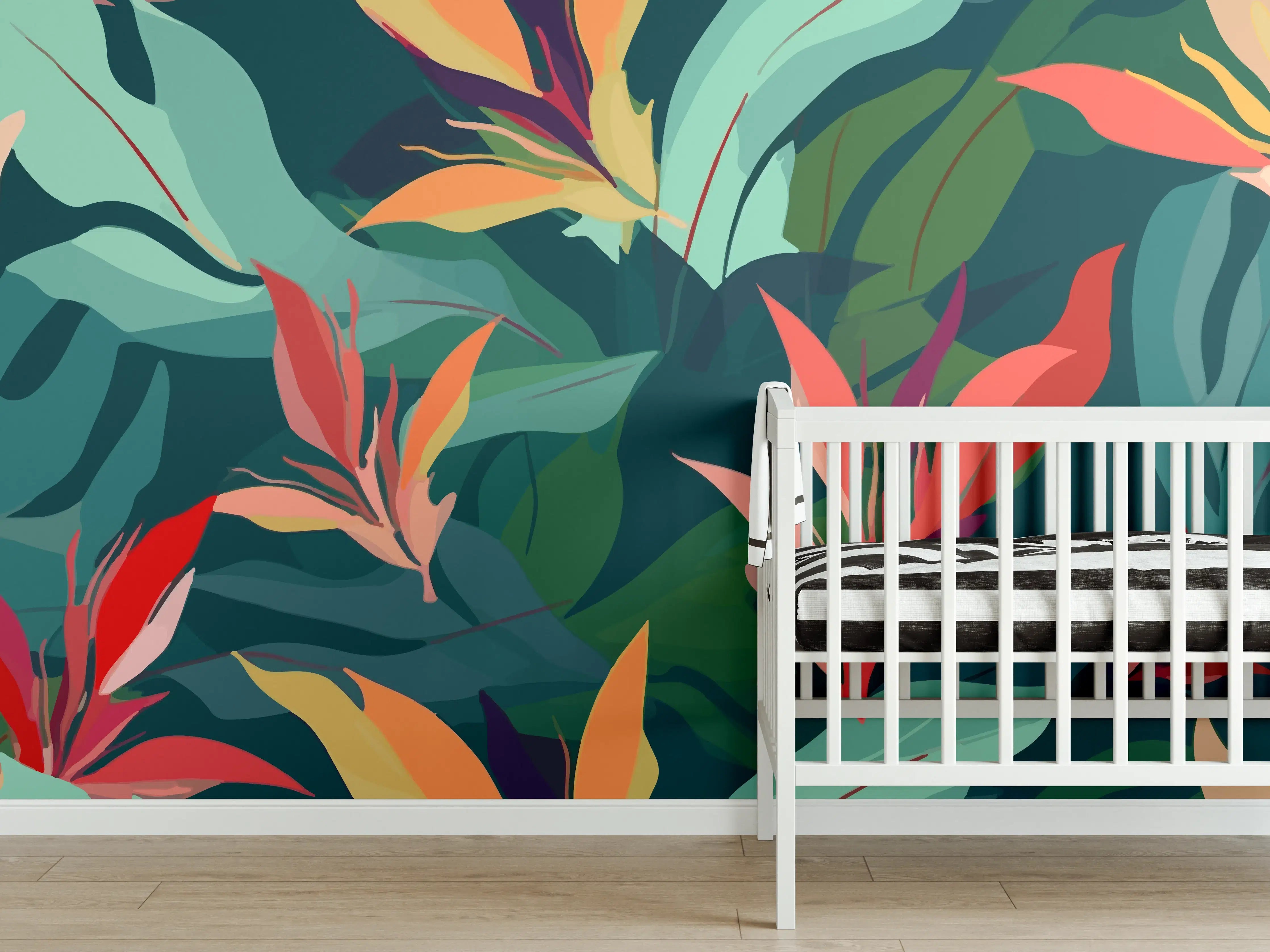 Babyzimmer Wandgestaltung - Tropisches Blütenblattmuster Grün-Türkis