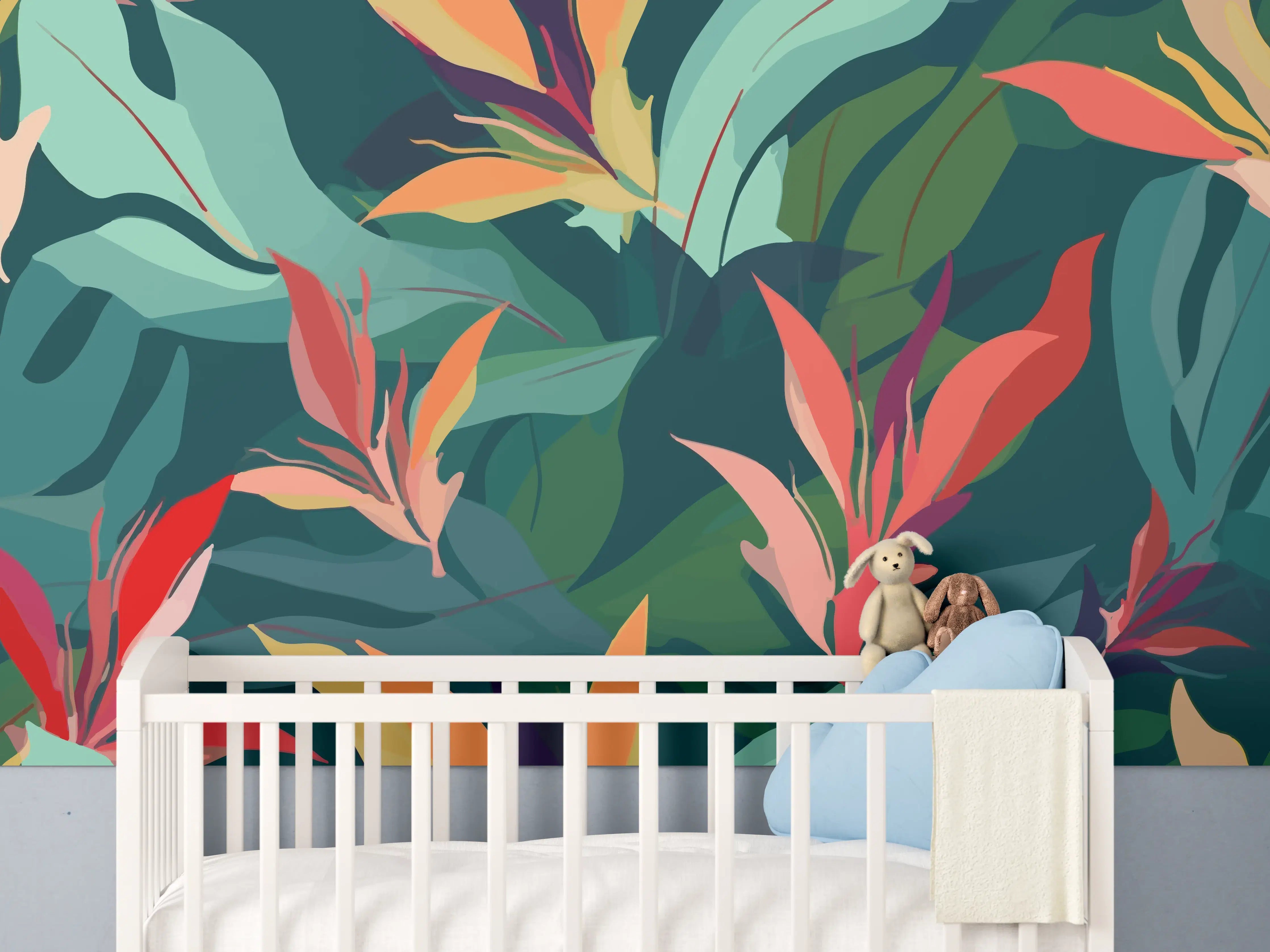 Babyzimmer Wandgestaltung - Tropisches Blütenblattmuster Grün-Türkis