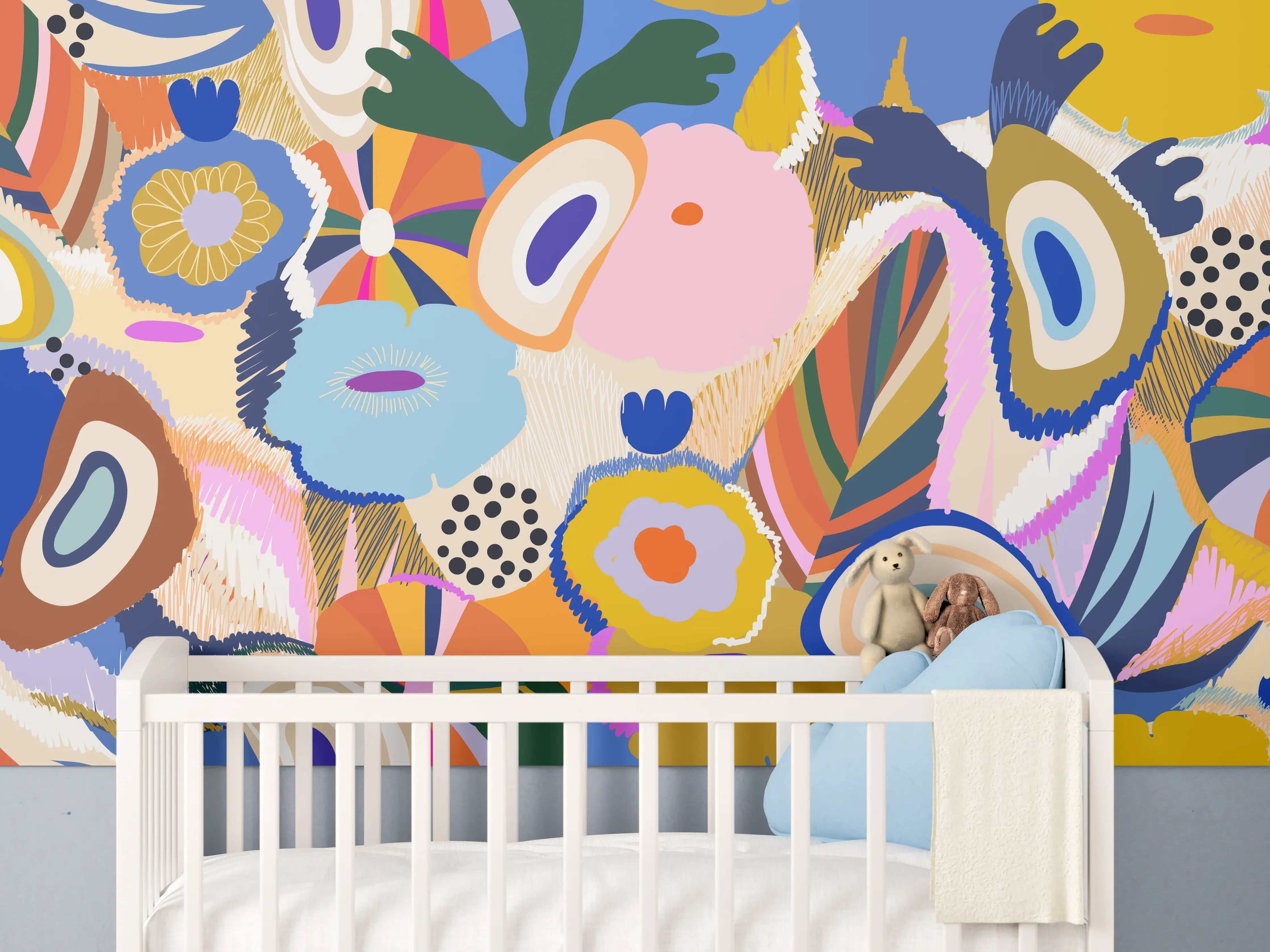 Babyzimmer Wandgestaltung - Tropisches Blumen-Abstract Bunt
