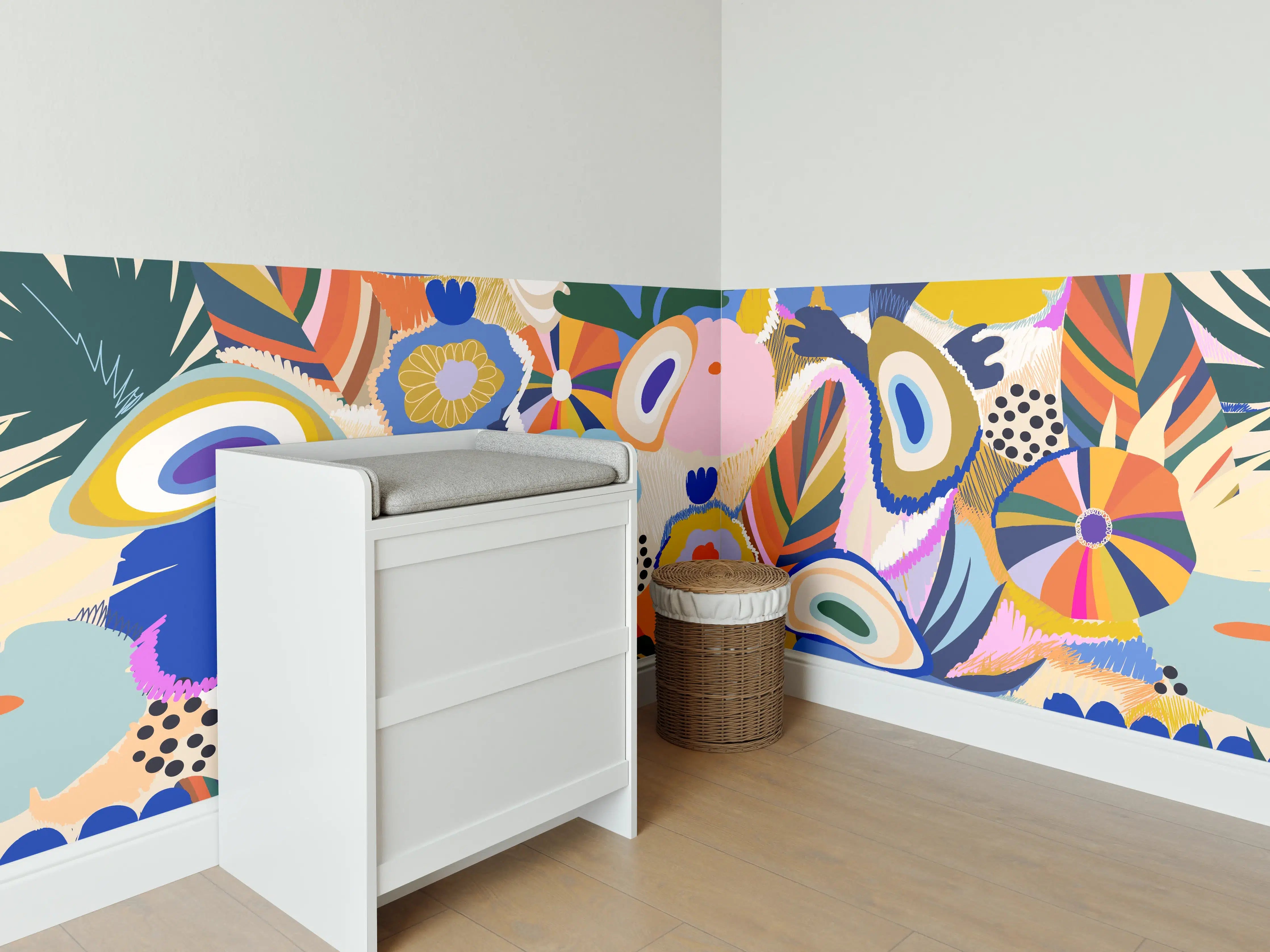 Babyzimmer Wandgestaltung - Tropisches Blumen-Abstract Bunt