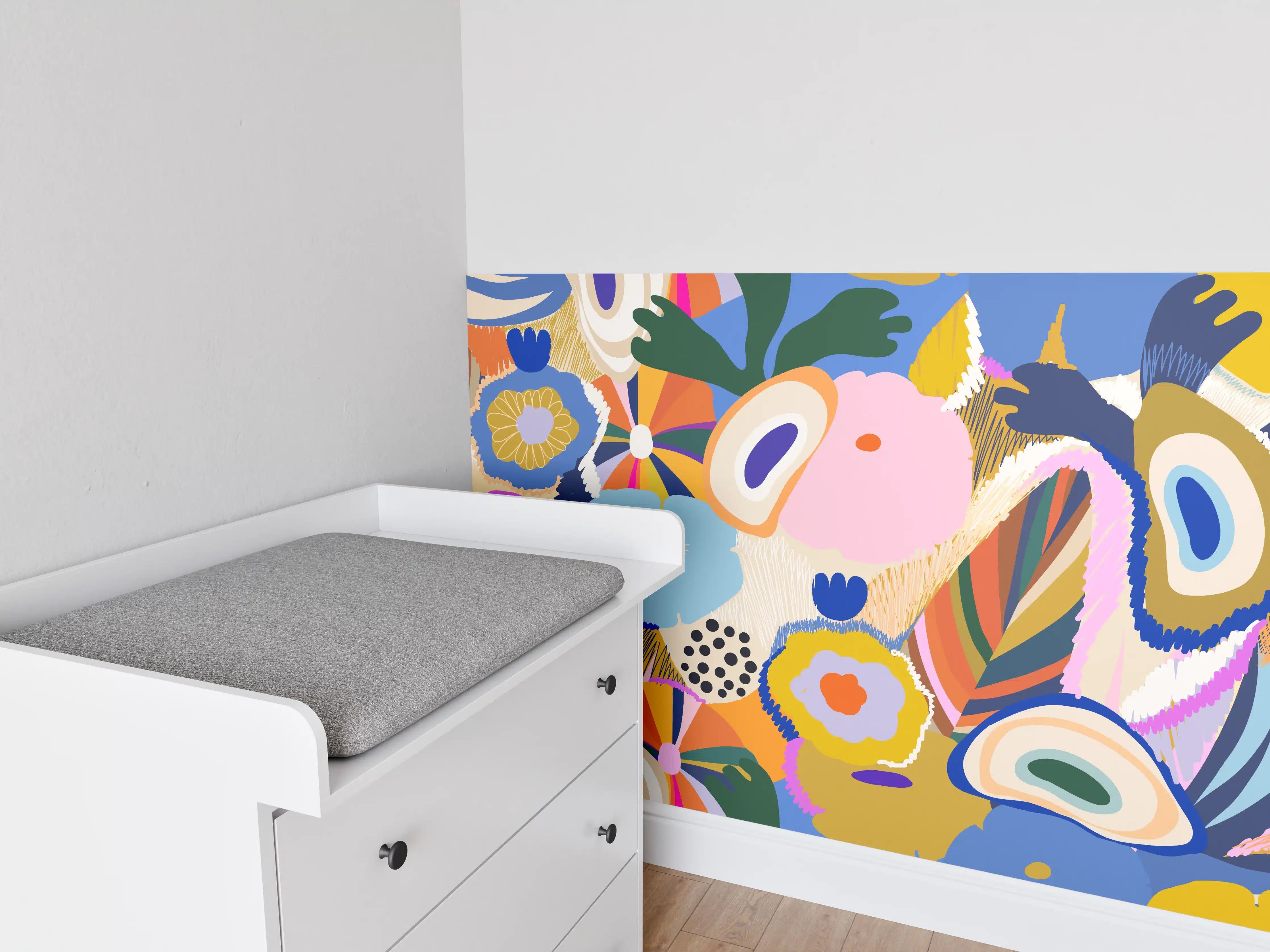Babyzimmer Wandgestaltung - Tropisches Blumen-Abstract Bunt
