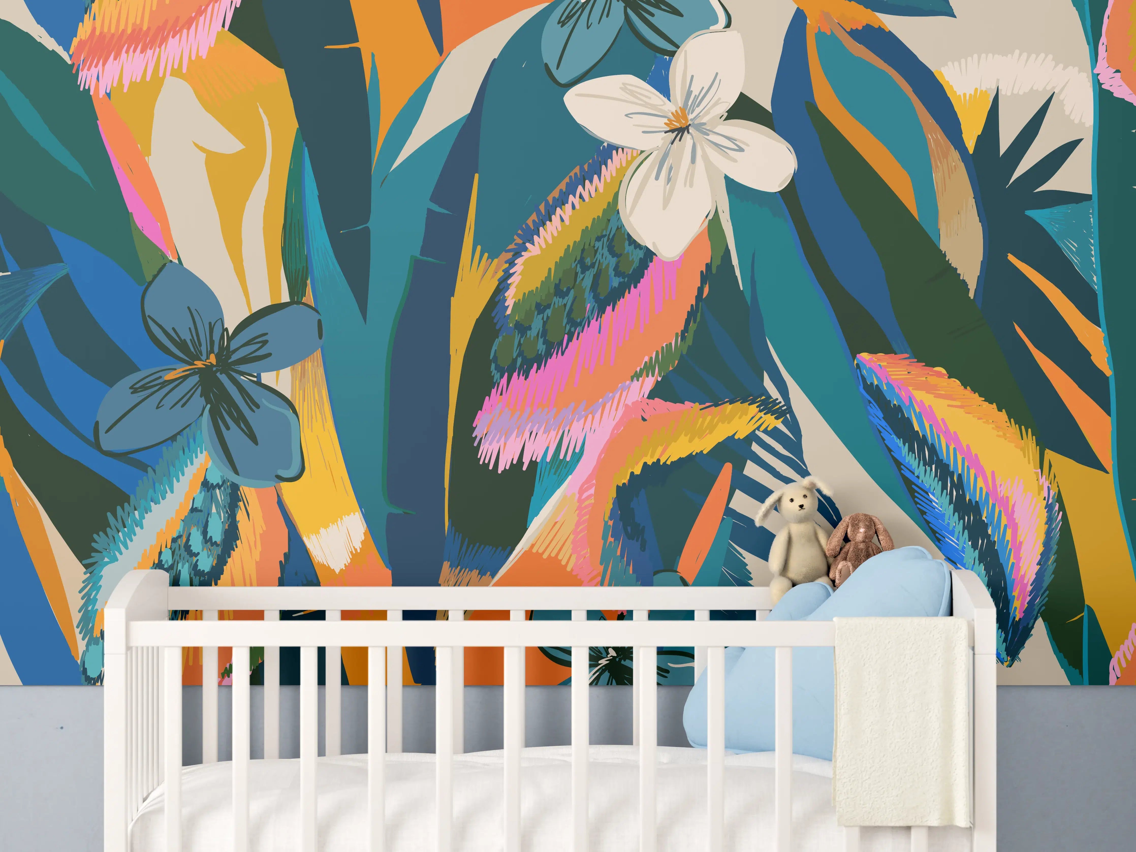 Babyzimmer Wandgestaltung - Tropisches Blumenmuster Blau-Orange