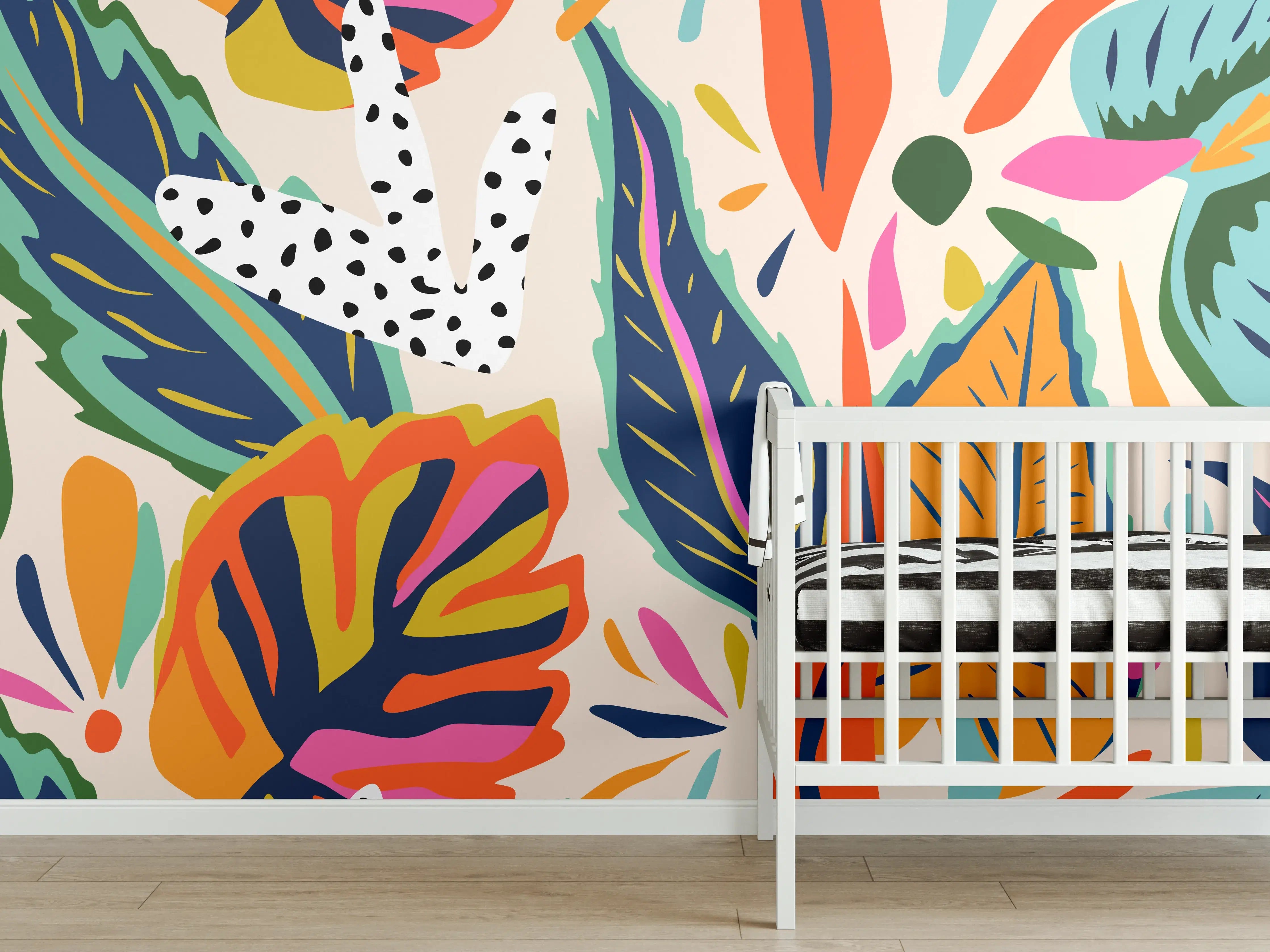Babyzimmer Wandgestaltung - Tropisches Blumenmuster Orange-Türkis