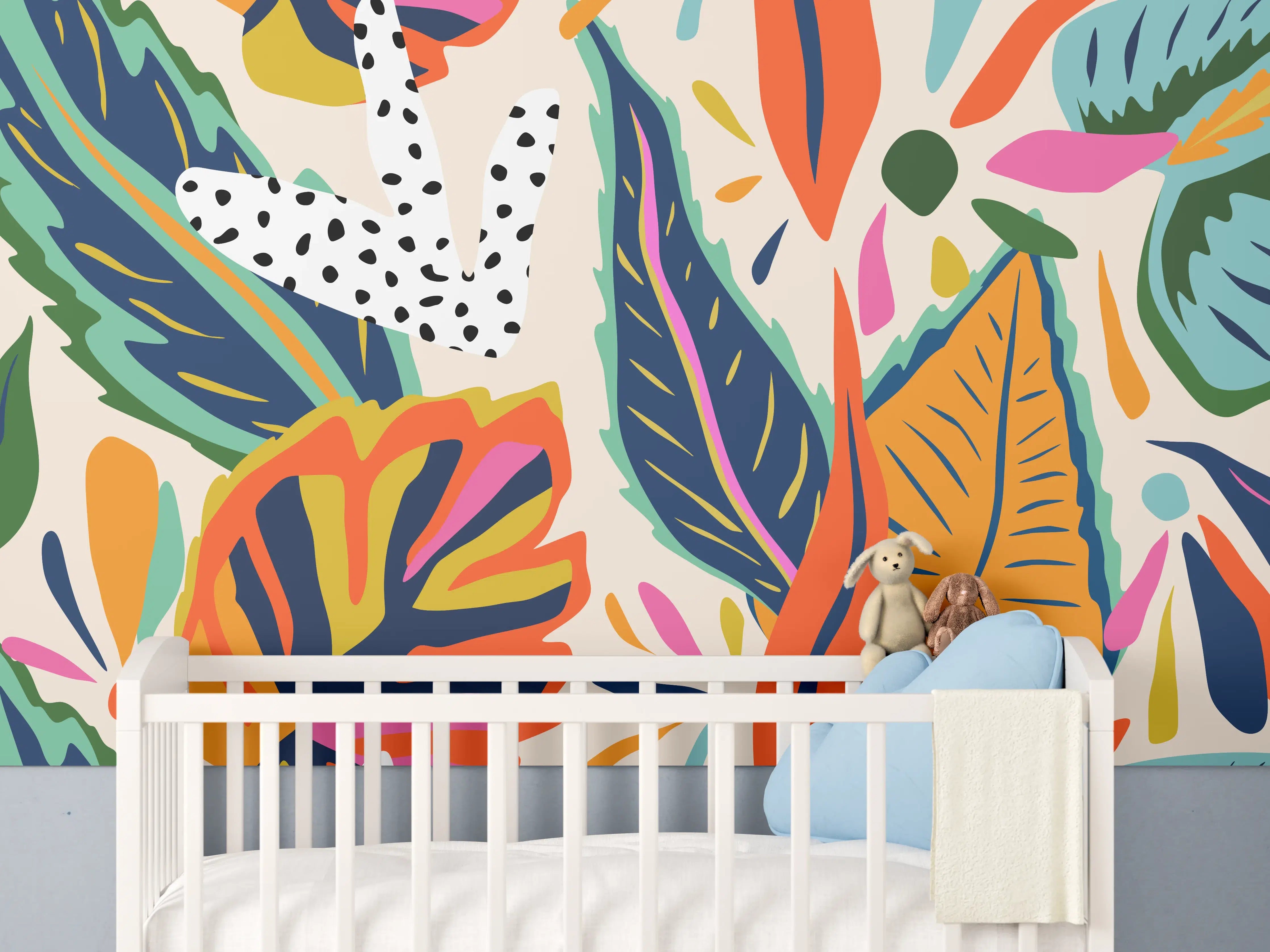 Babyzimmer Wandgestaltung - Tropisches Blumenmuster Orange-Türkis