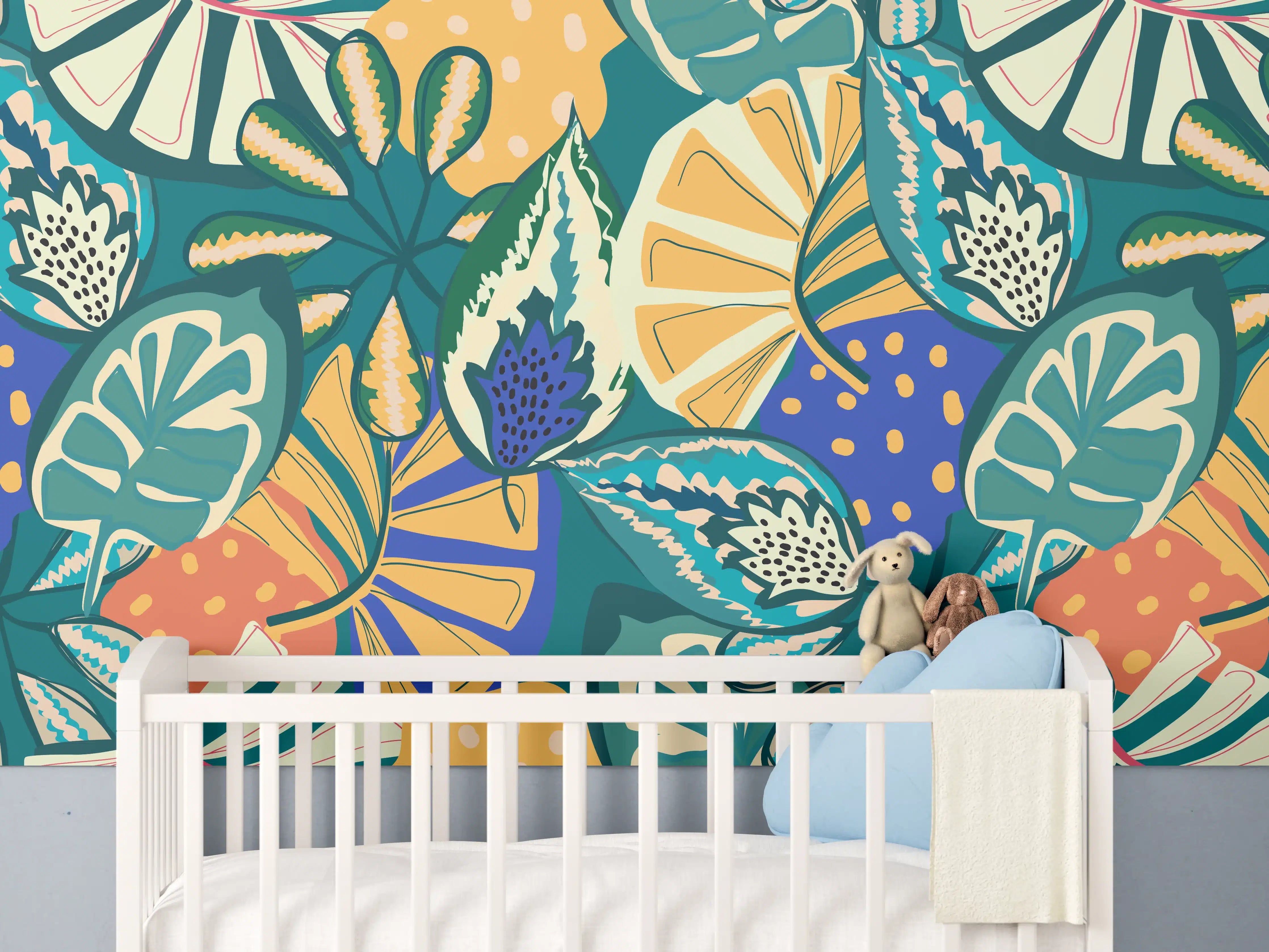 Babyzimmer Wandgestaltung - Tropisches Blumenmuster Türkis