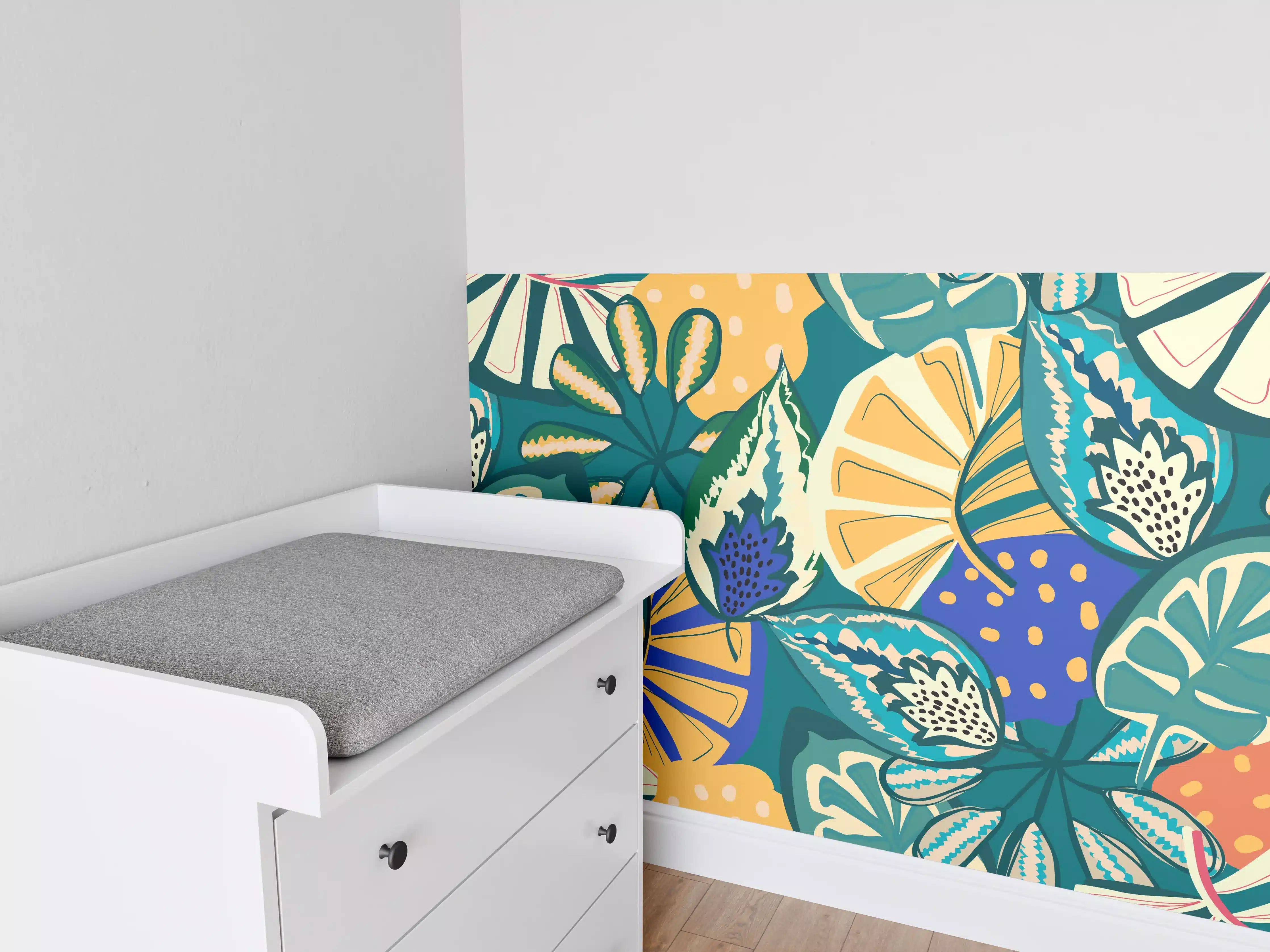 Babyzimmer Wandgestaltung - Tropisches Blumenmuster Türkis