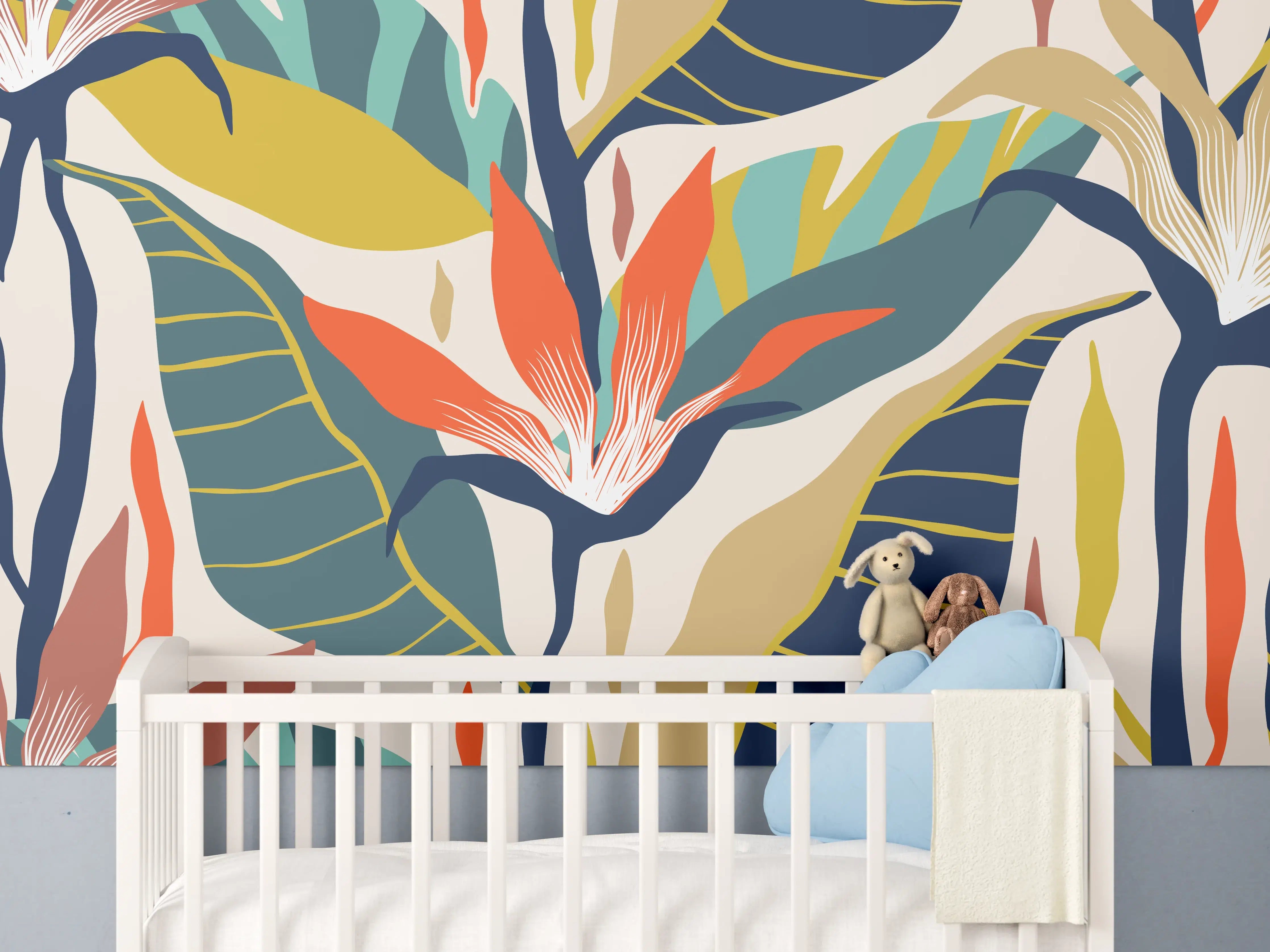Babyzimmer Wandgestaltung - Tropisches Botanik-Muster Blau-Gelb