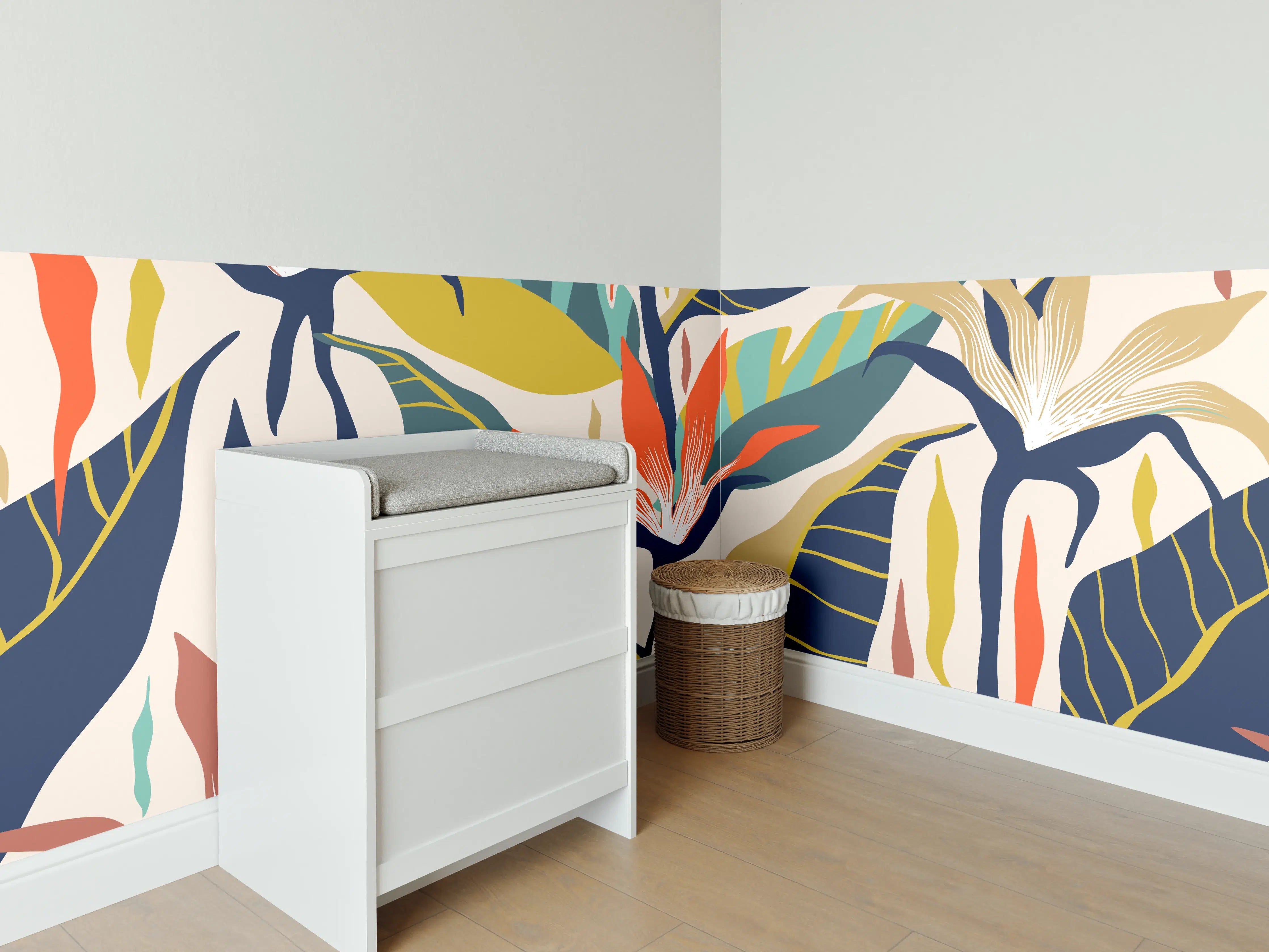 Babyzimmer Wandgestaltung - Tropisches Botanik-Muster Blau-Gelb