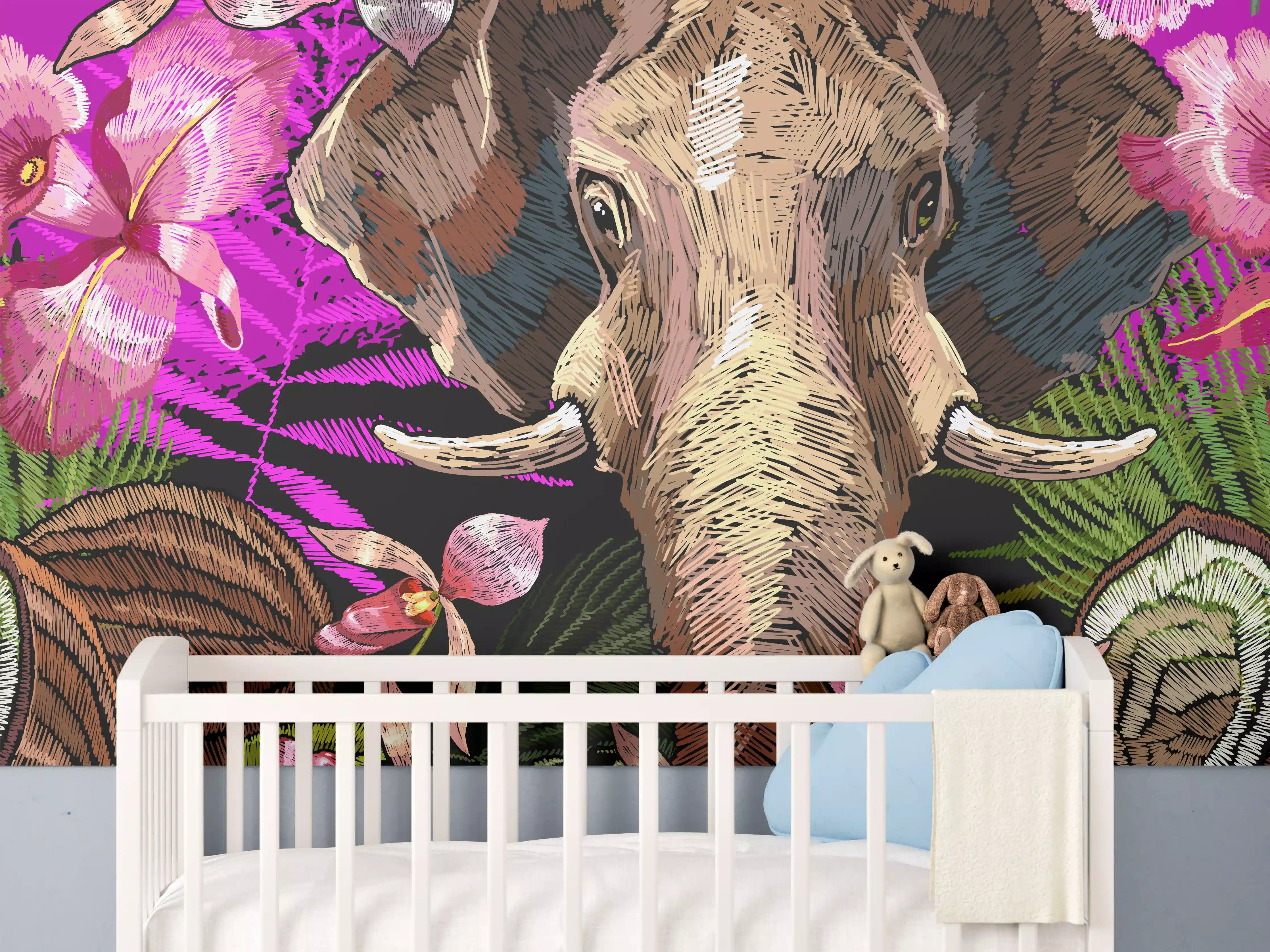 Babyzimmer Wandgestaltung - Tropisches Elefanten-Orchideen Muster