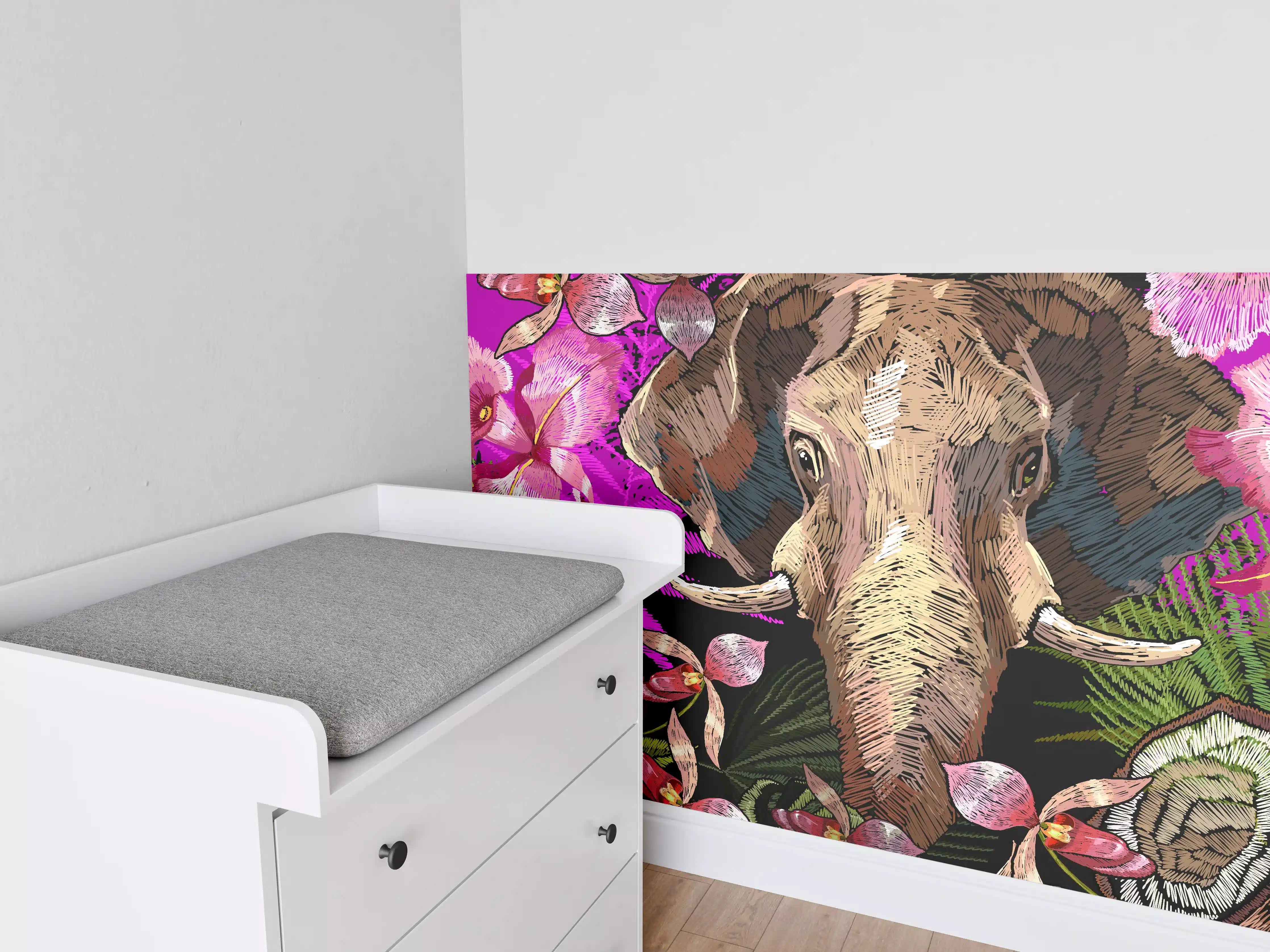Babyzimmer Wandgestaltung - Tropisches Elefanten-Orchideen Muster