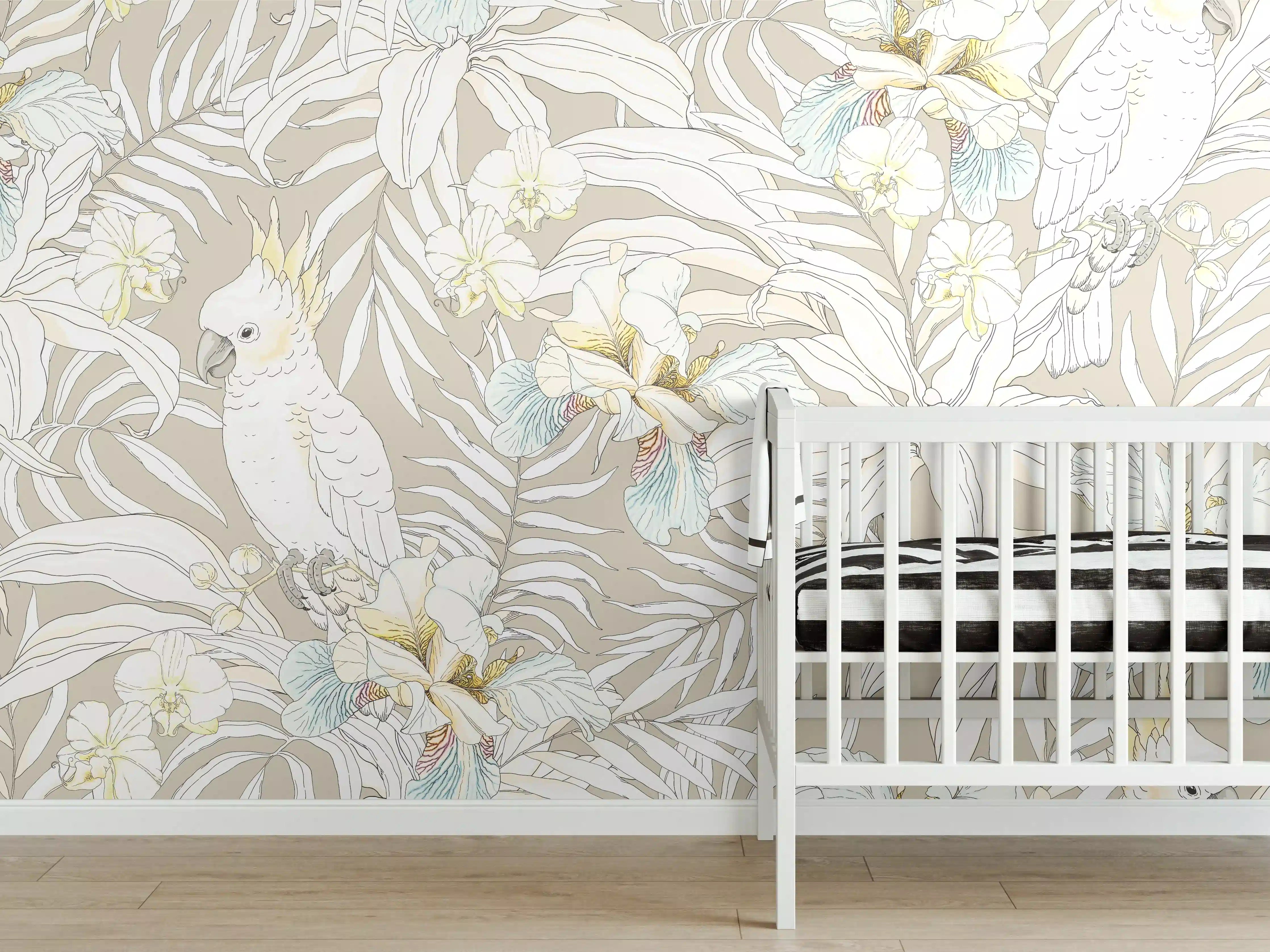 Babyzimmer Wandgestaltung - Tropisches Kakadu-Floral Muster