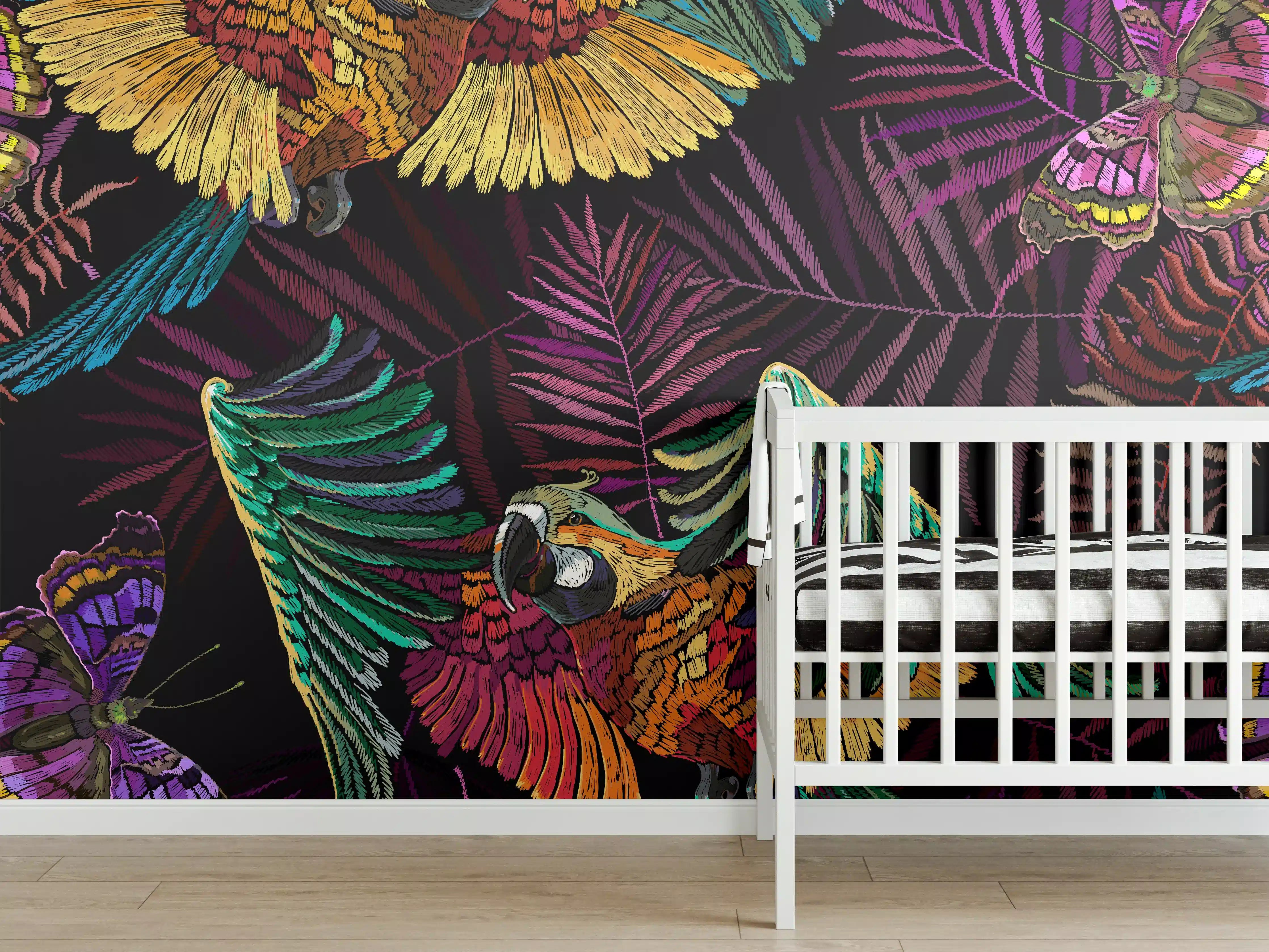 Babyzimmer Wandgestaltung - Tropisches Papageien-Muster