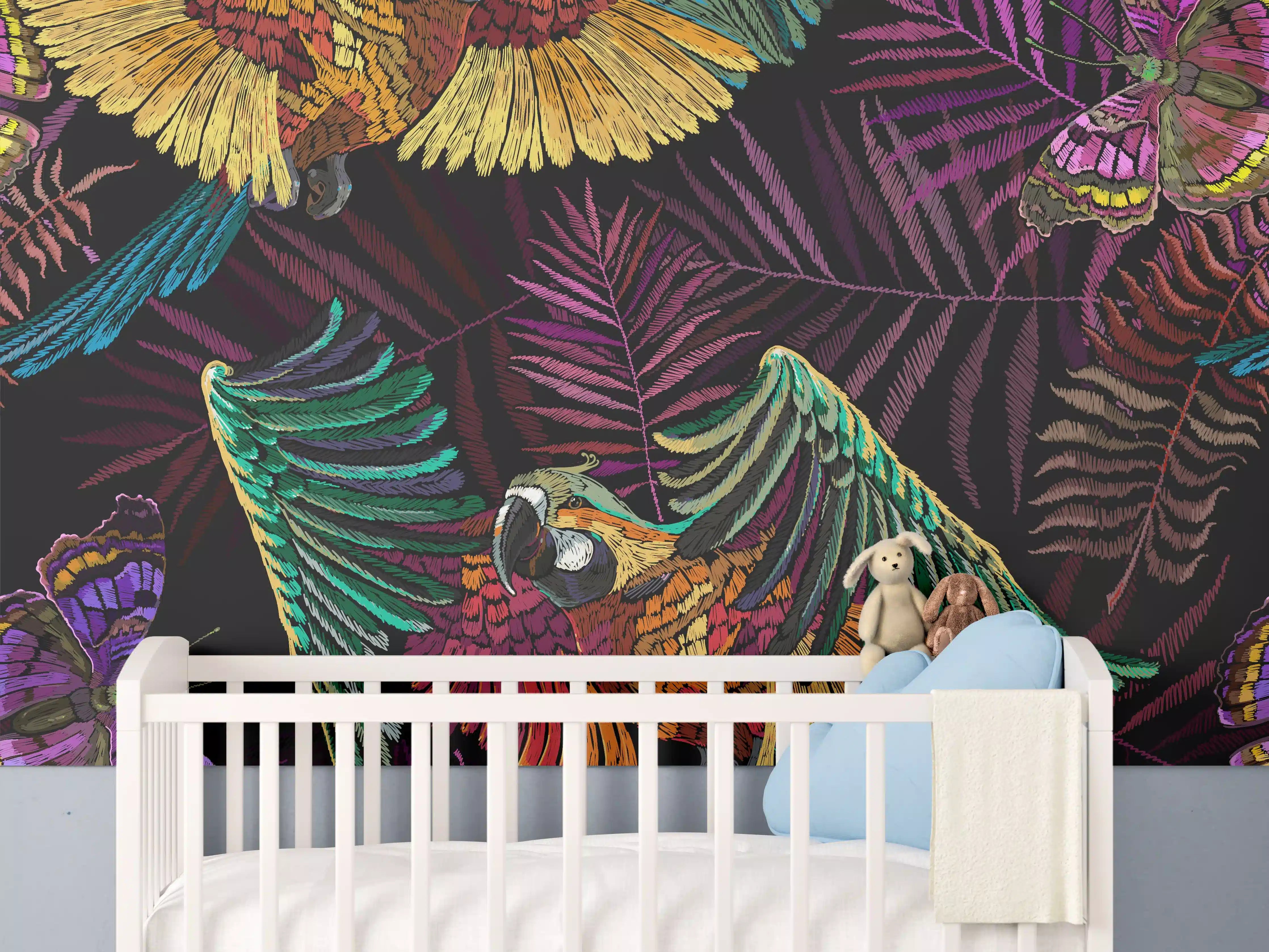 Babyzimmer Wandgestaltung - Tropisches Papageien-Muster