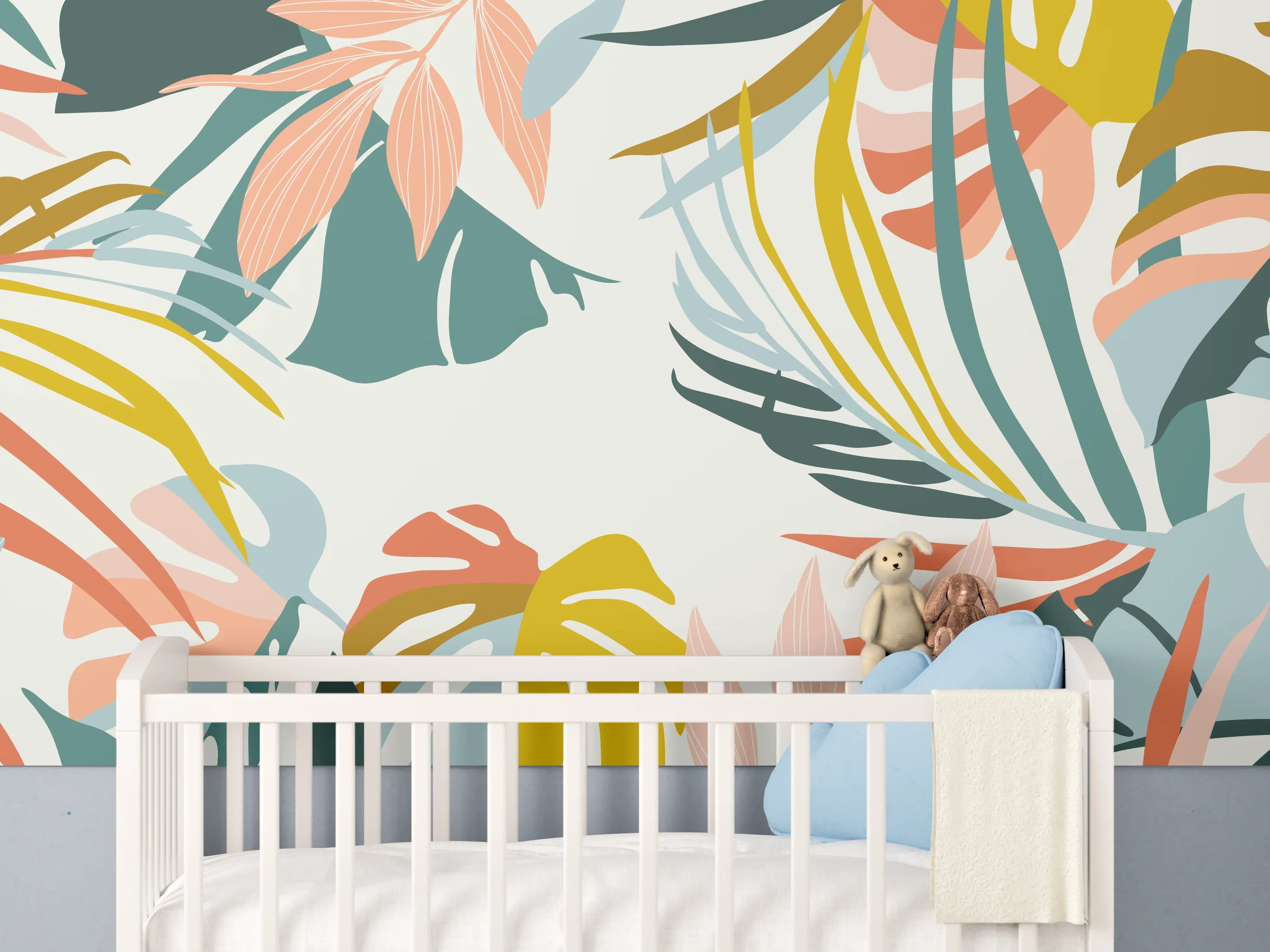 Babyzimmer Wandgestaltung - Tropisches Pflanzenmuster Pastell
