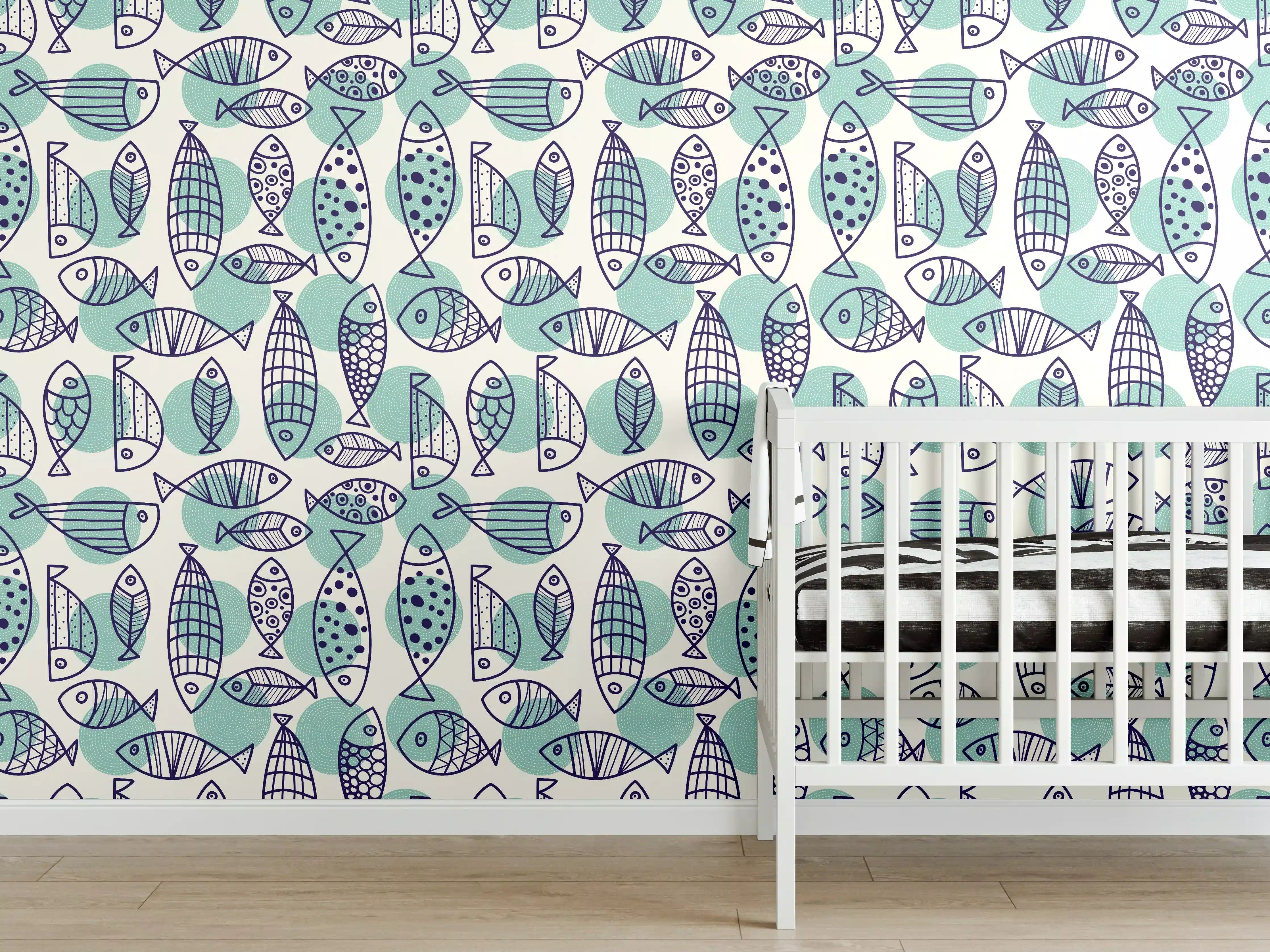 Babyzimmer Wandgestaltung - Türkis-Blau Fischmuster