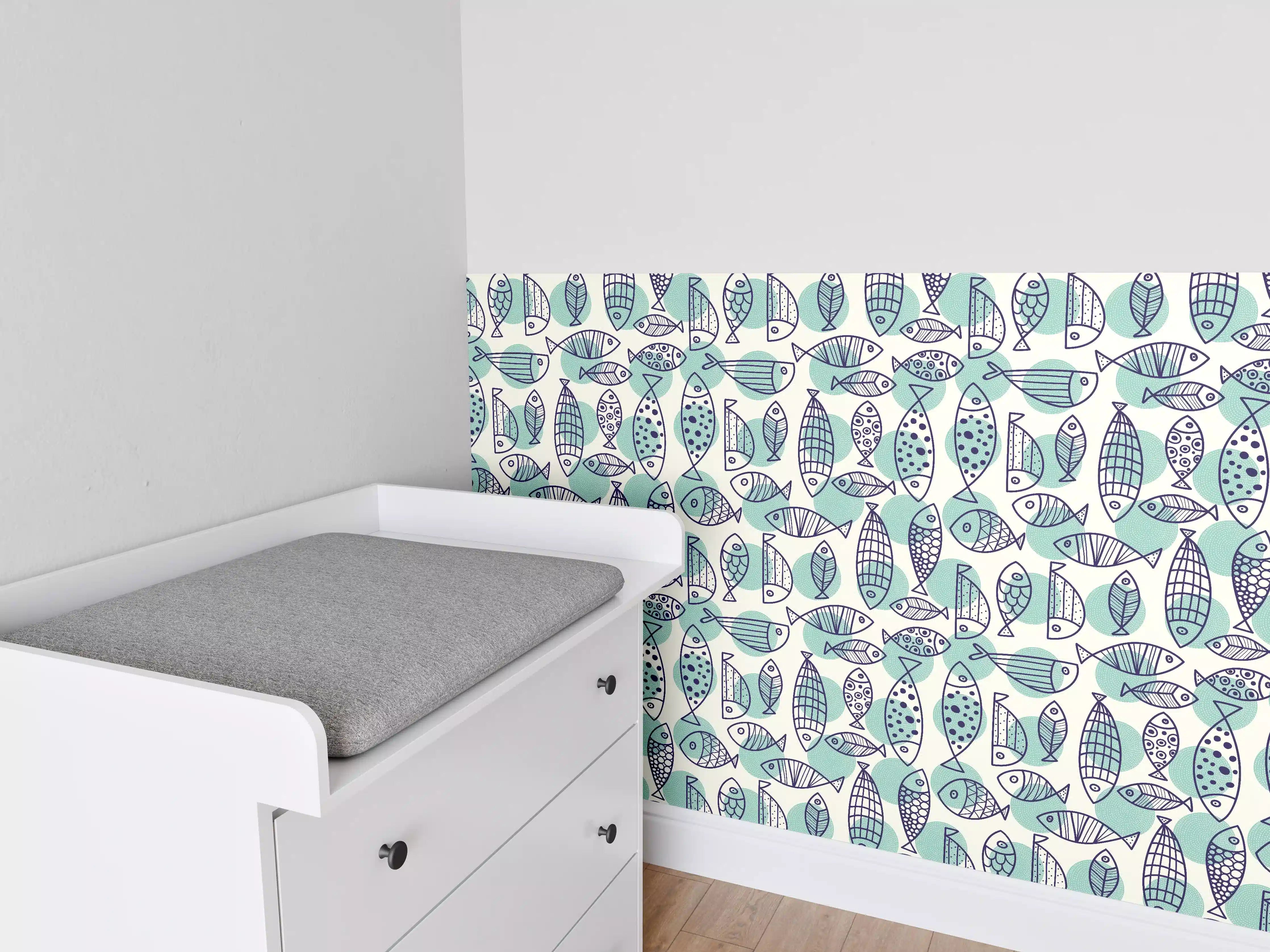 Babyzimmer Wandgestaltung - Türkis-Blau Fischmuster